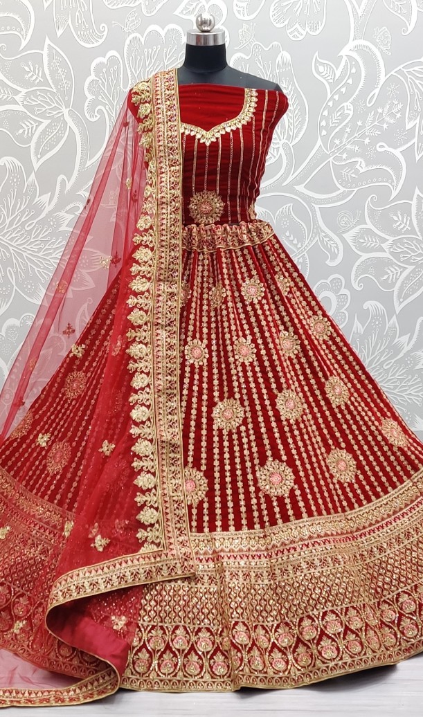 Embroidered Velvet Lehenga in Red