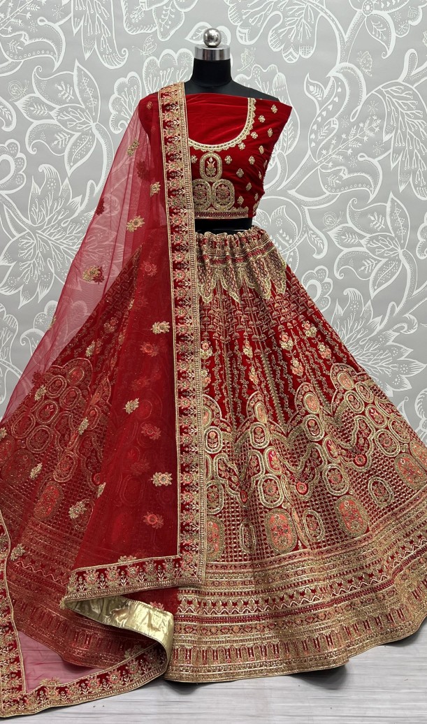 Antique Zari and Dori embroidered Velvet Lehenga choli