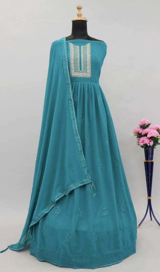 Sky blue Lucknowi Zari Embroidered Designer Anarkali Suit at Sokiro Style