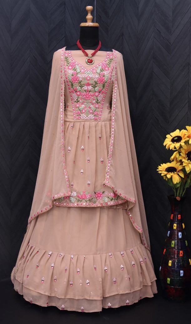 Pink Resham Embroidered Kurti Style Lehenga