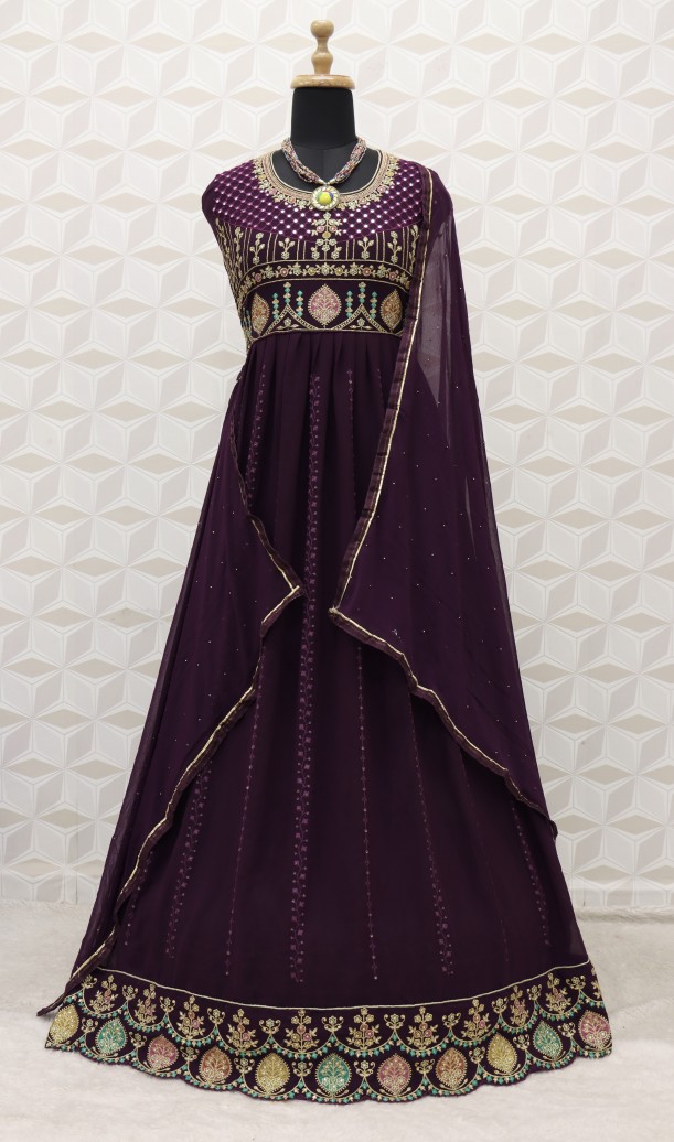 NEW HEAVY EMBROIDERY WORK WINE GOWN WITH DUPATTA