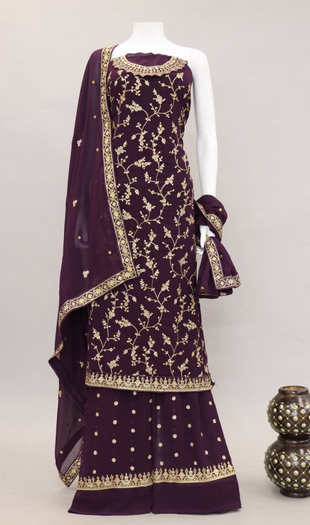 PURPLE DESIGNER EMBROIDERY,DIAMOND WORK GEORGETTE UNSTITCHED DESIGNER PANT SILK SALWAR SUIT SEMI STITCHED