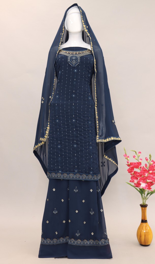 Navy Blue Georgette Zari Stone Semi Stitched Suit Set