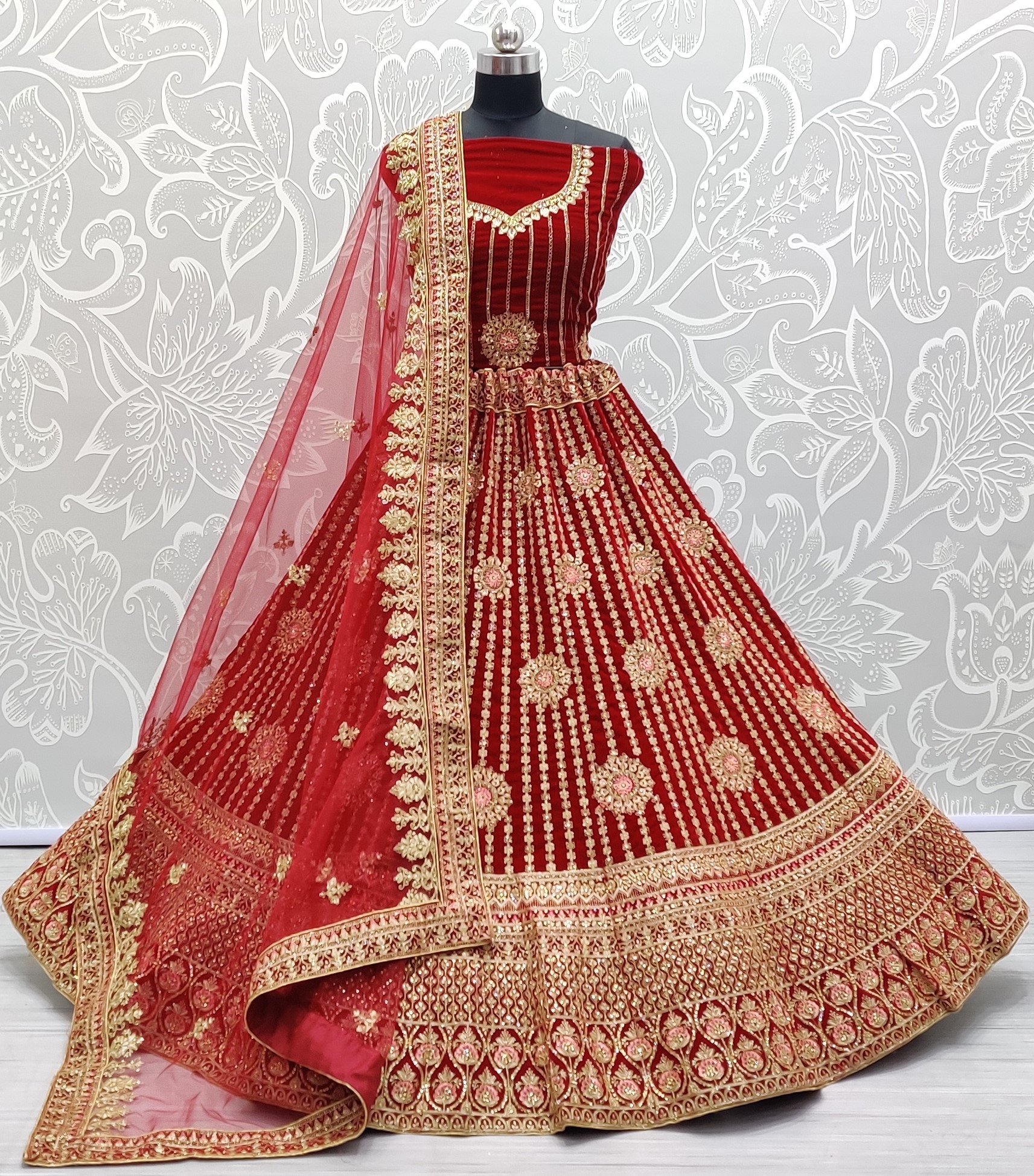 Embroidered Velvet Lehenga in Red