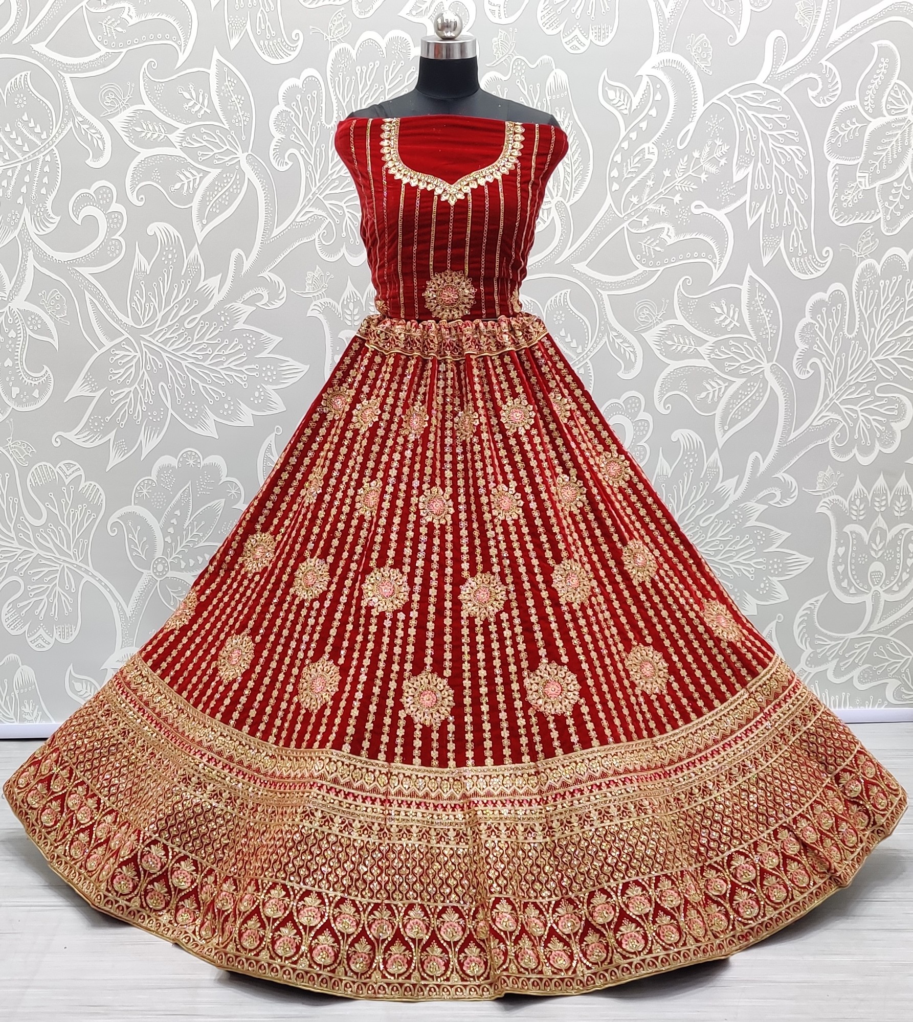 Embroidered Velvet Lehenga in Red