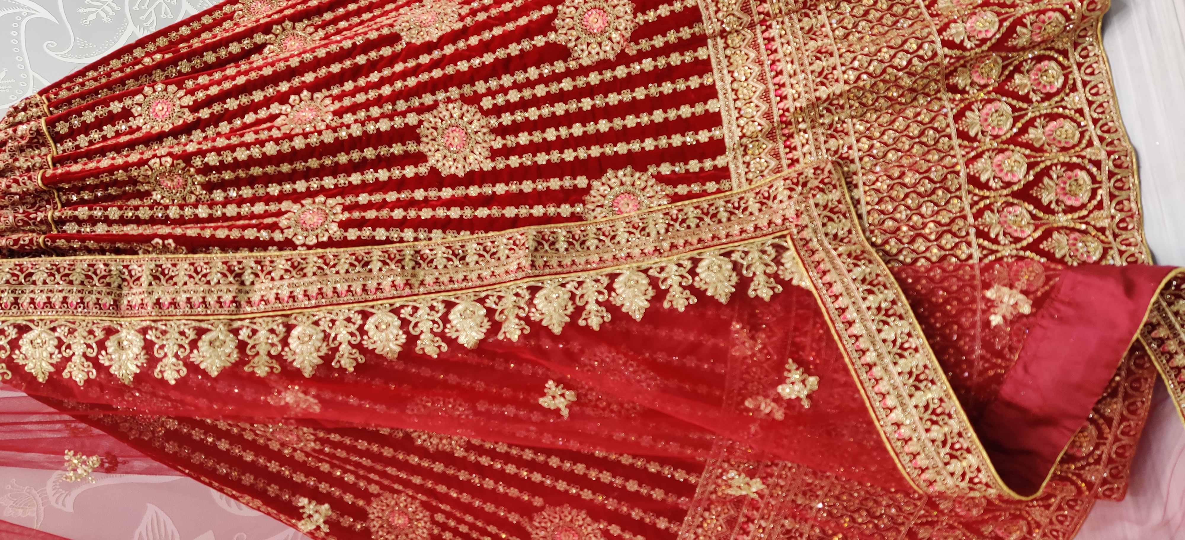 Embroidered Velvet Lehenga in Red