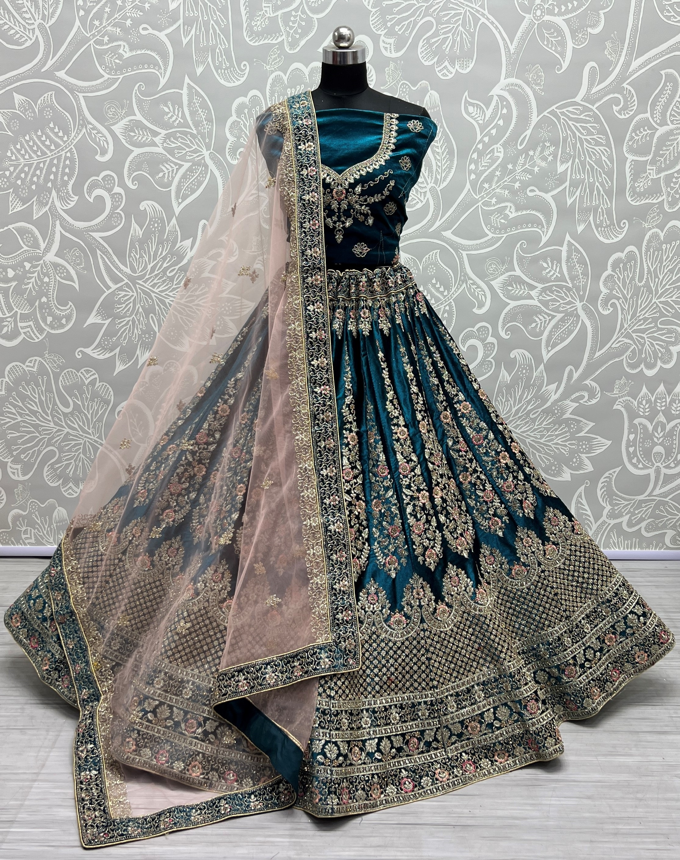 Embroidery Velvet Lehenga Choli In Turquoise