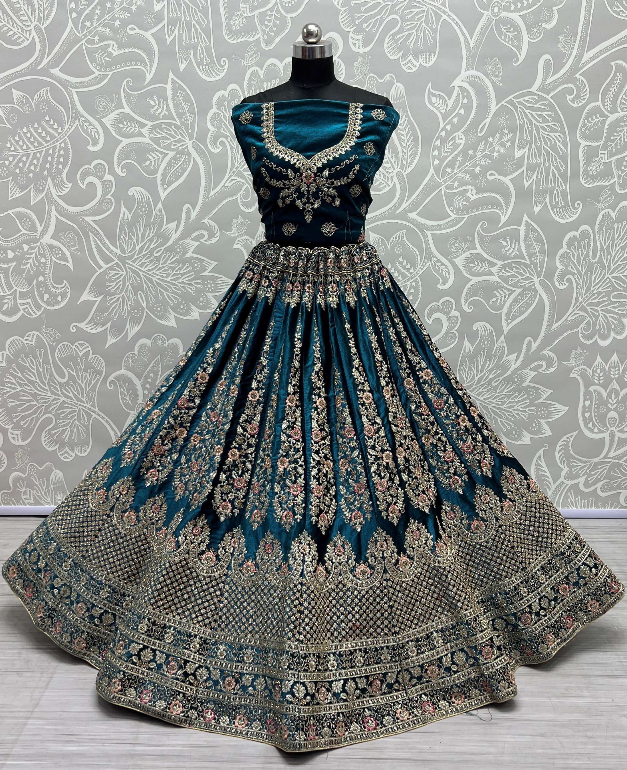 Embroidery Velvet Lehenga Choli In Turquoise