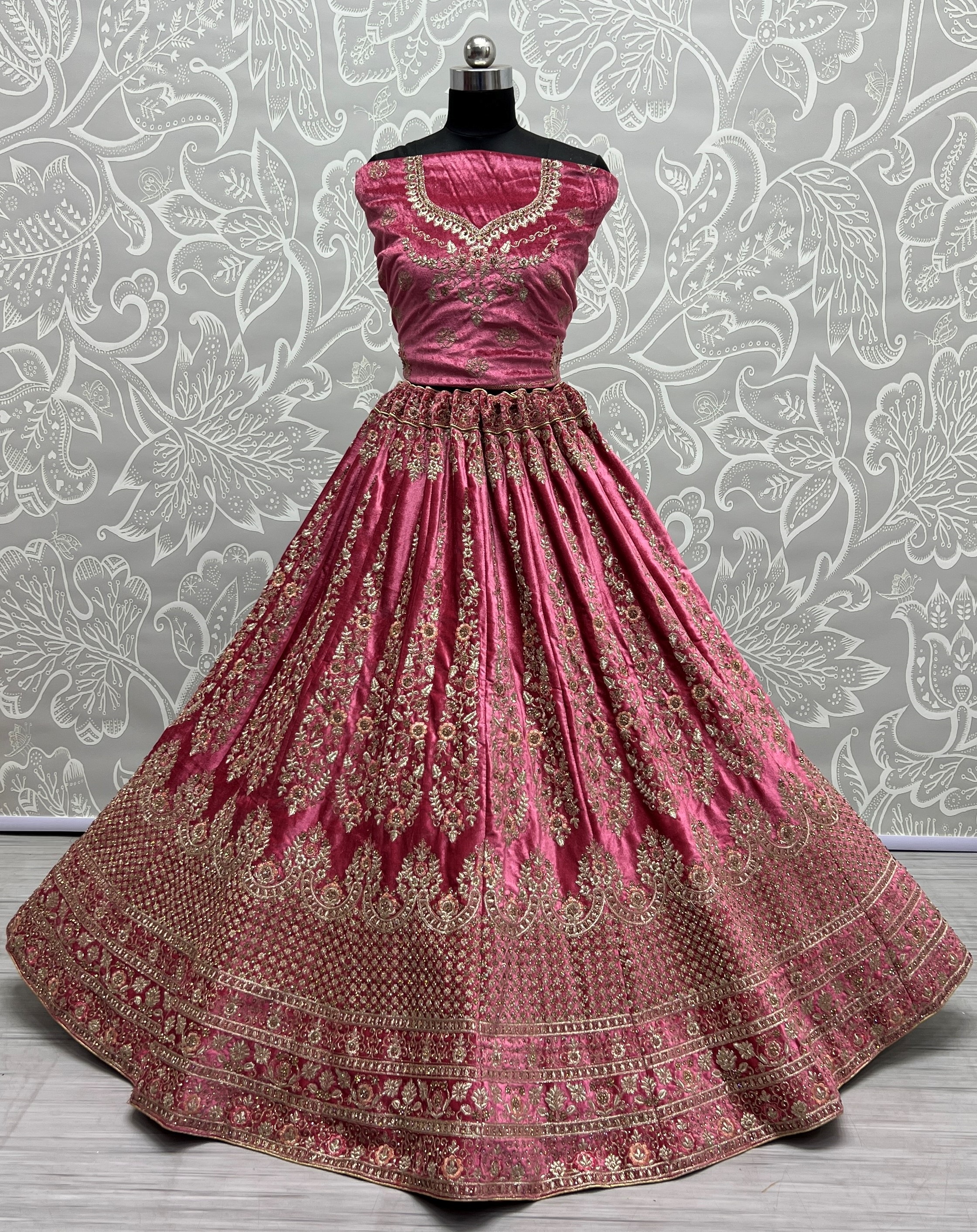 Embroidery Velvet Lehenga Choli In Pink