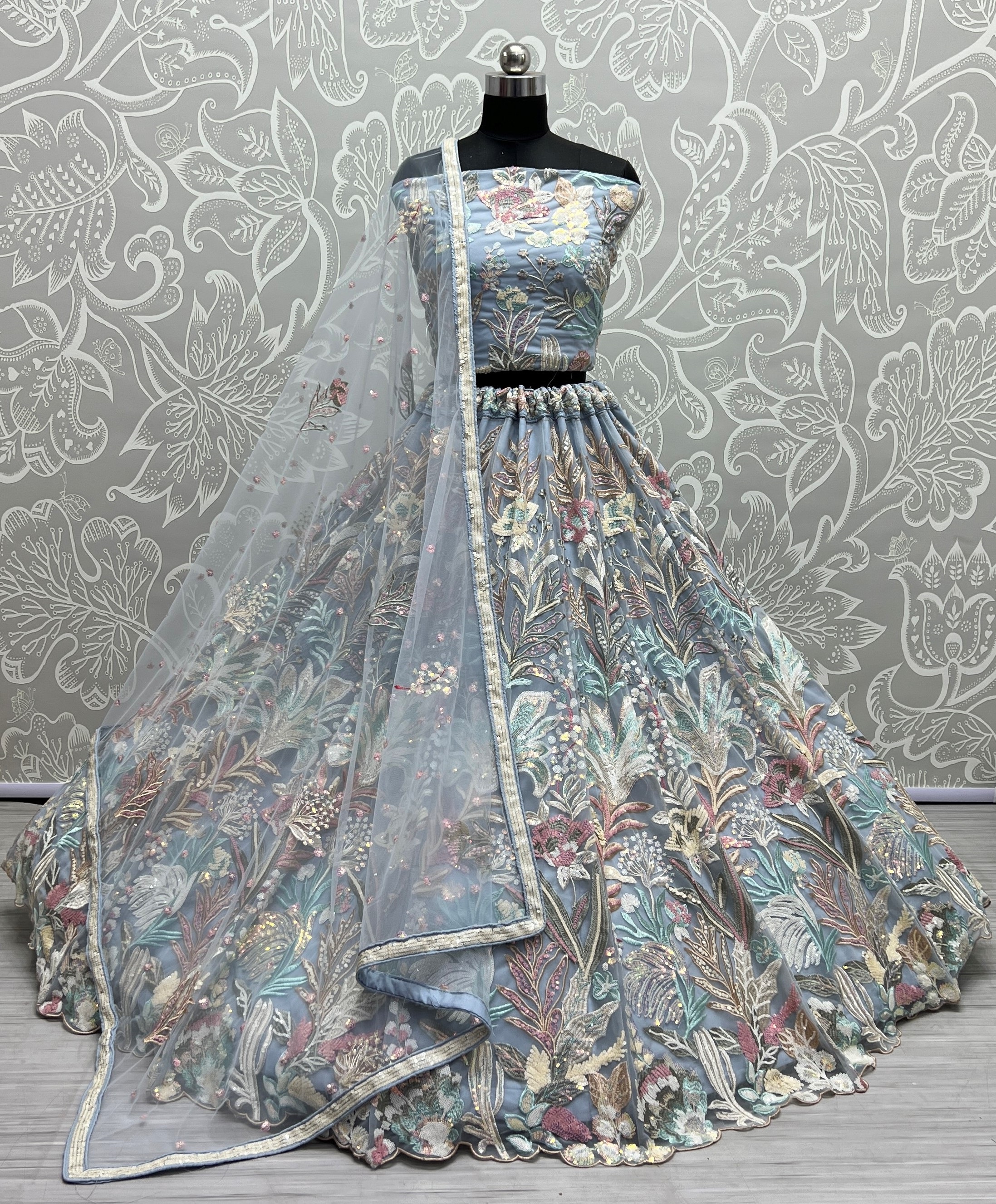 GREY Perfect sequins matching with cotton thread embroidered designer Lehengacholi 