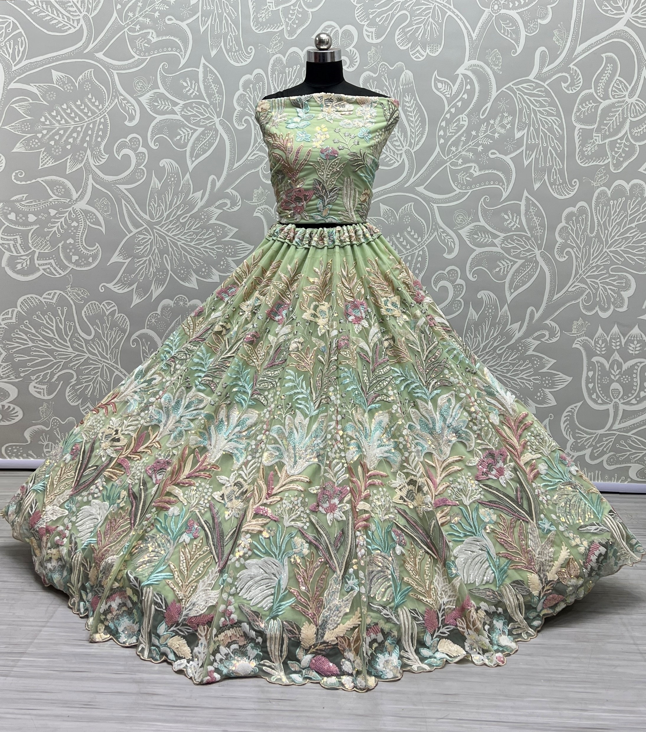 PISTA Perfect sequins matching with cotton thread embroidered designer Lehengacholi 