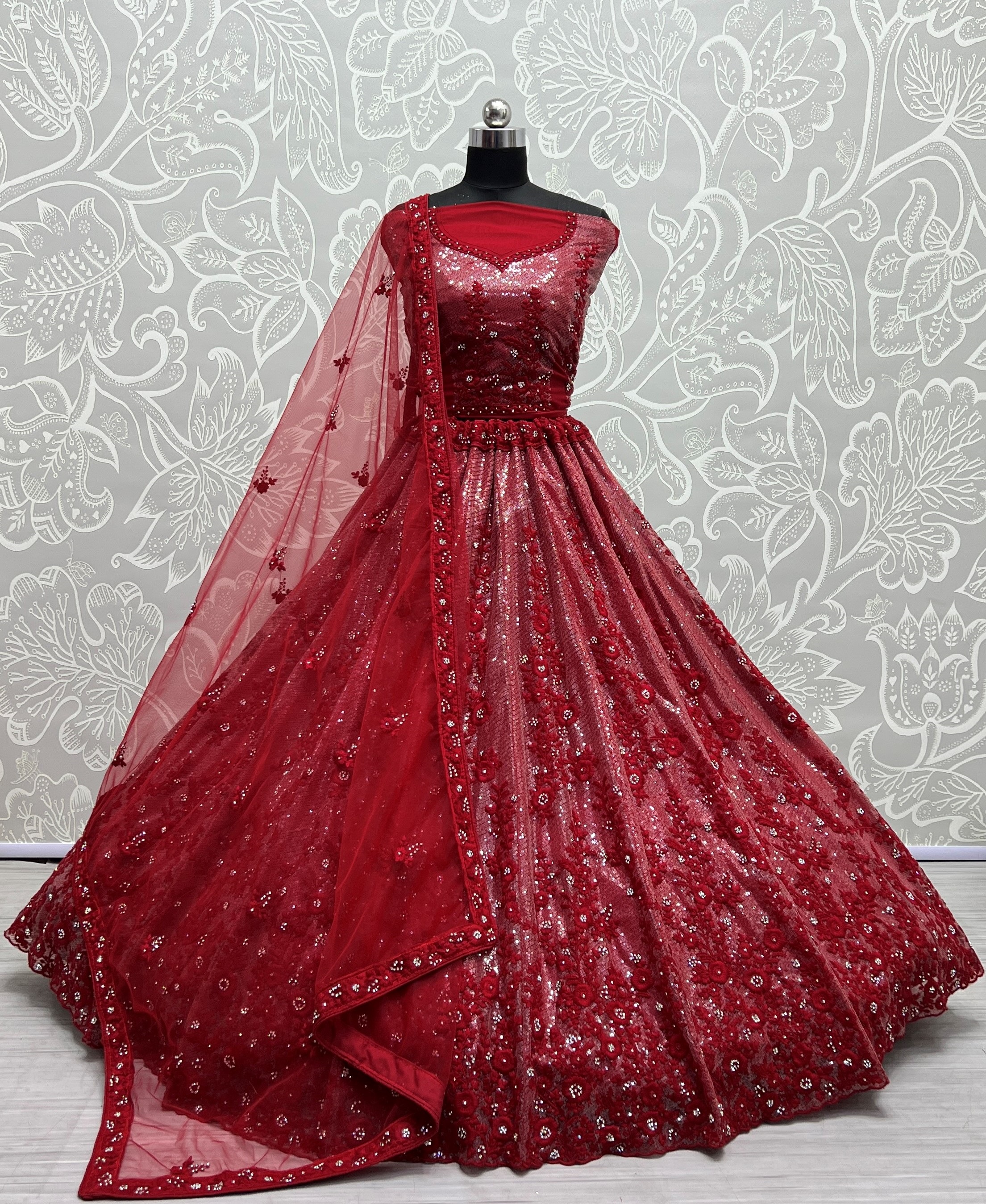 Sequins and thread work combine designed shinning reception and wedding purpose Lehengacholi RED