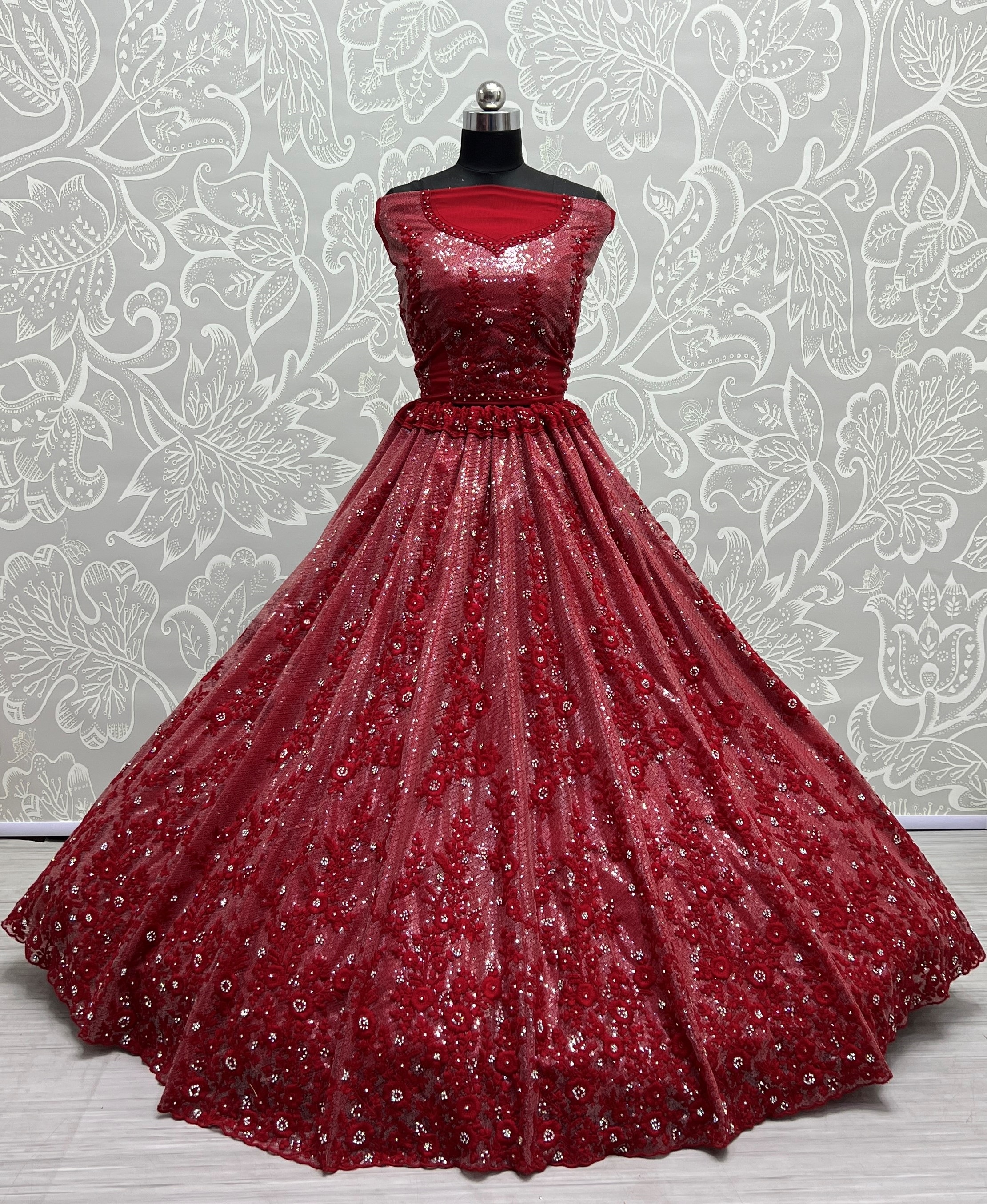 Sequins and thread work combine designed shinning reception and wedding purpose Lehengacholi RED