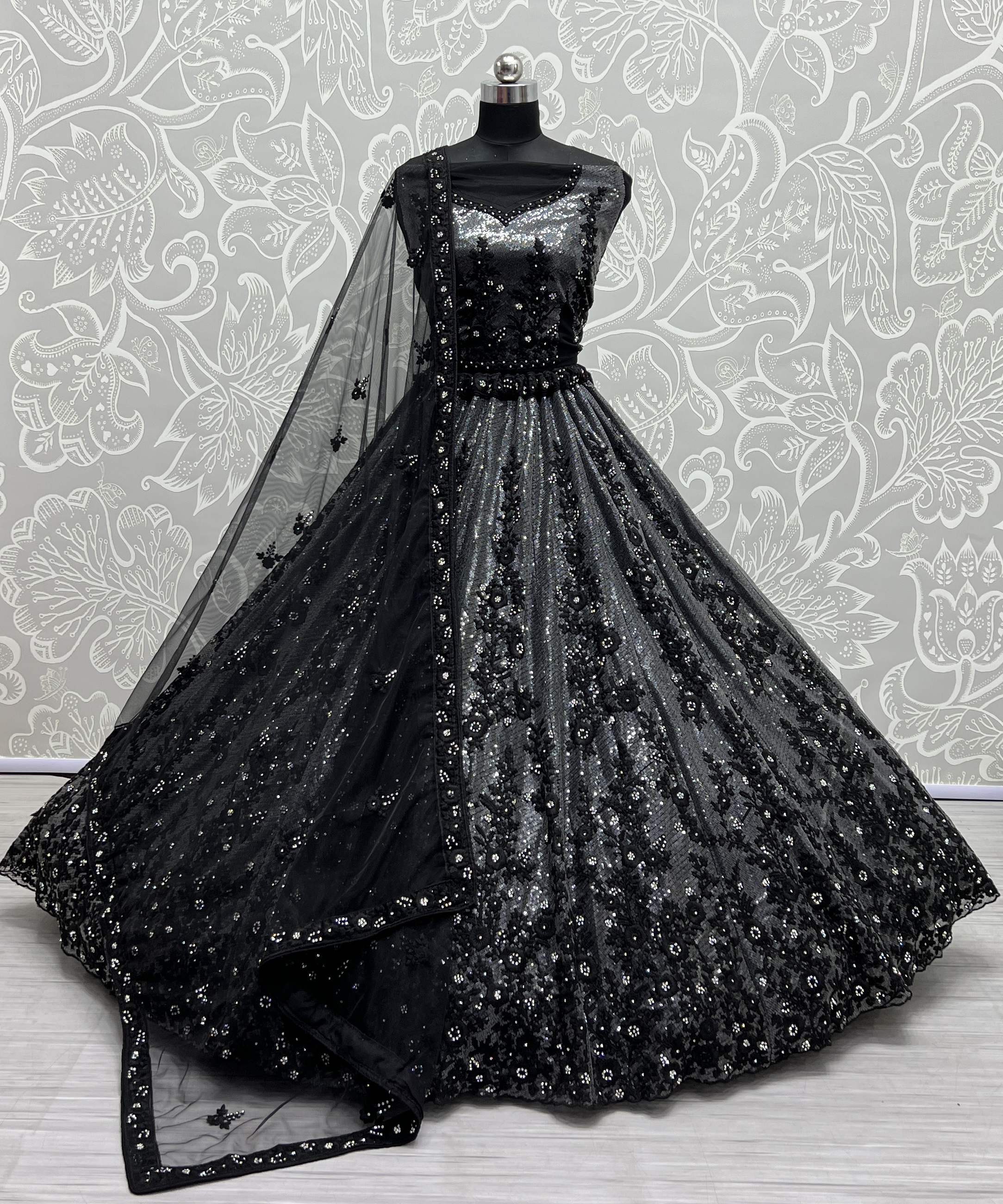 Sequins and thread work combine designed shinning reception and wedding purpose Lehengacholi BLACK