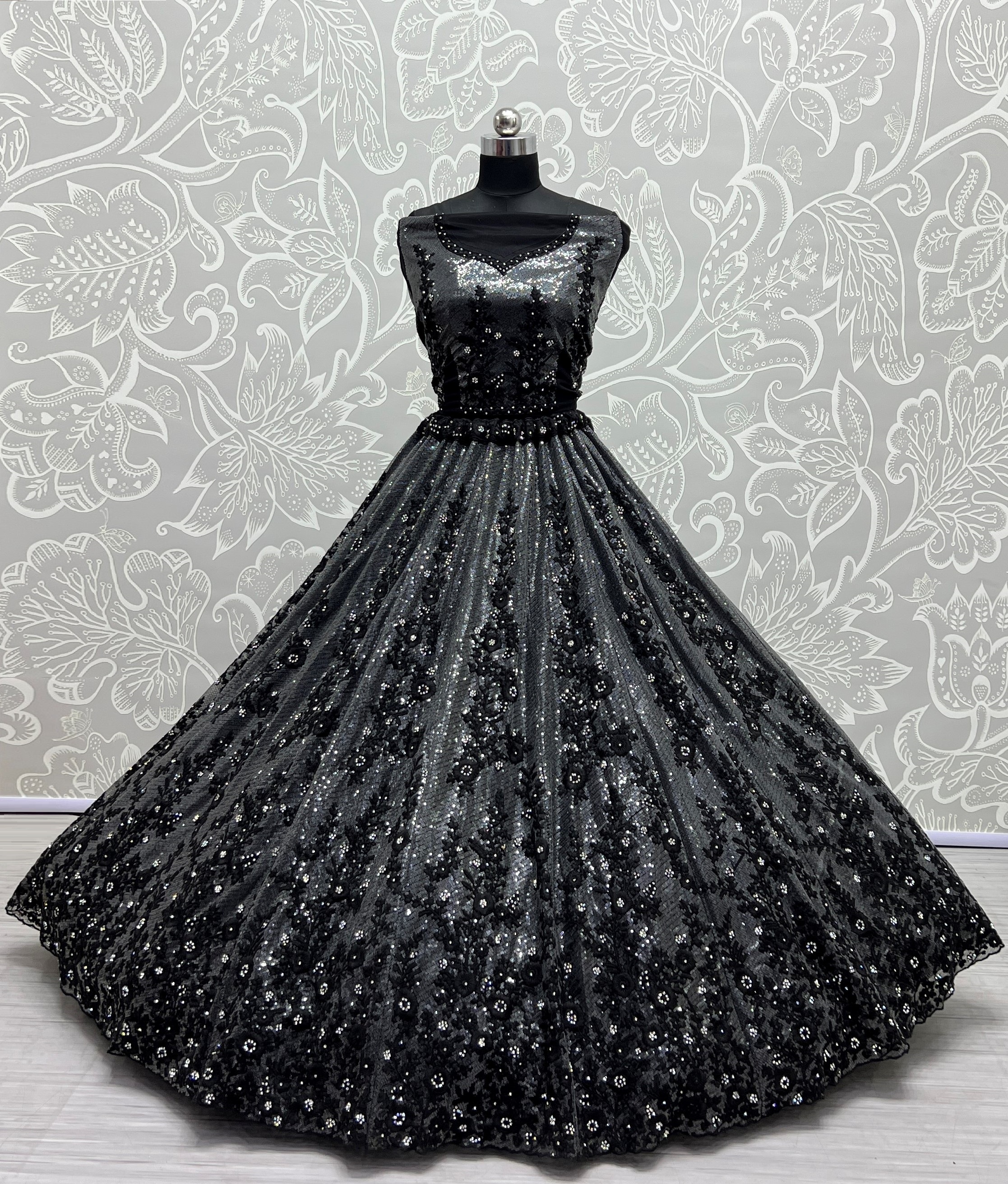 Sequins and thread work combine designed shinning reception and wedding purpose Lehengacholi BLACK