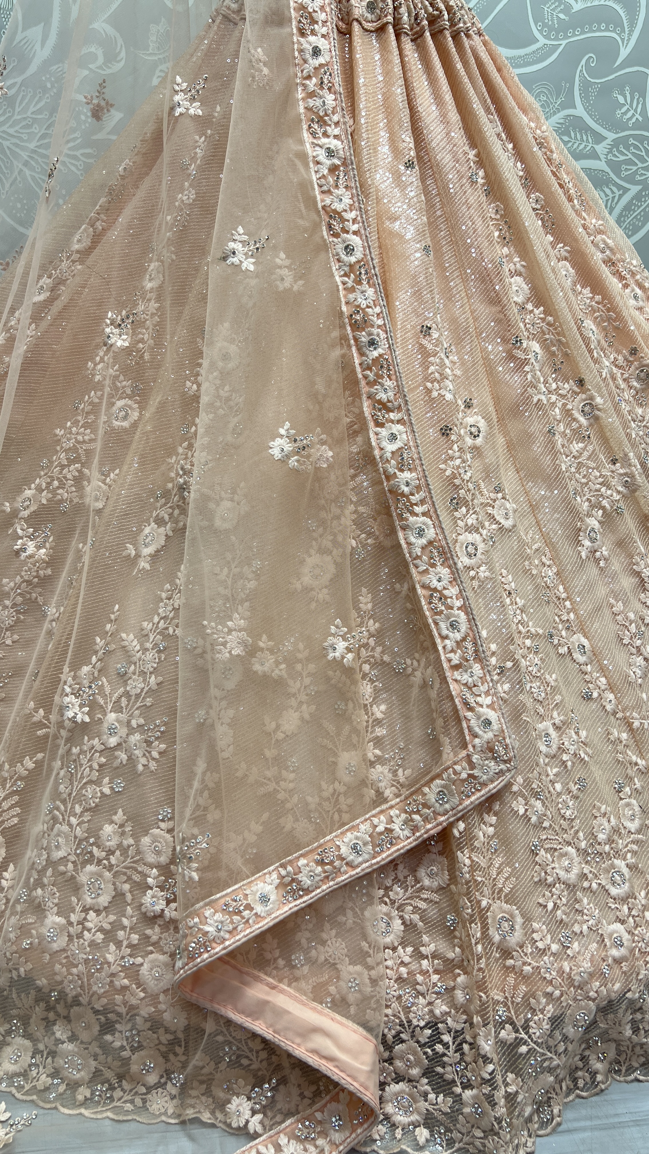 Sequins and thread work combine designed shinning reception and wedding purpose Lehengacholi CREAM