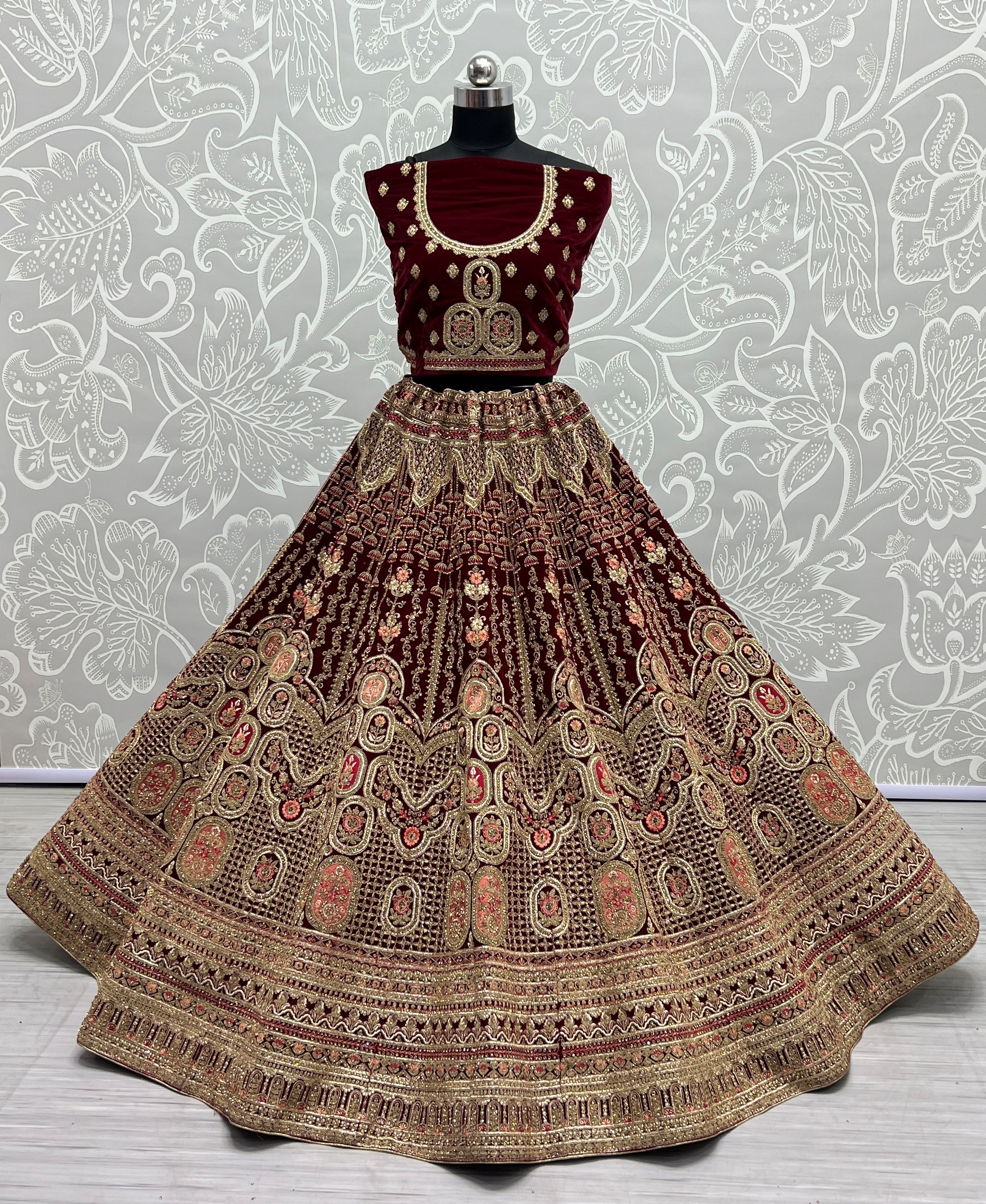 Antique Zari and Dori embroidered Velvet Lehenga choli