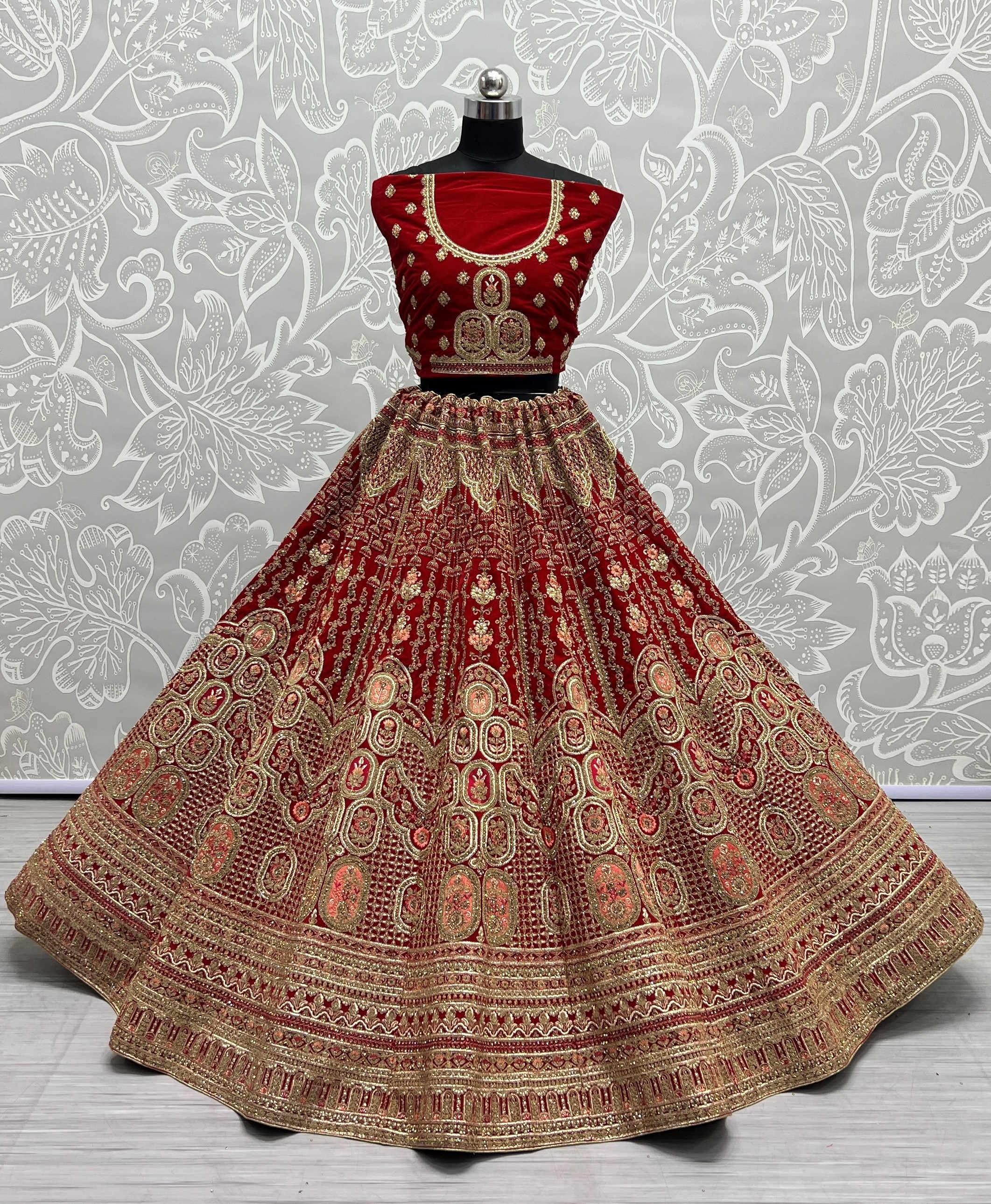 Antique Zari and Dori embroidered Velvet Lehenga choli