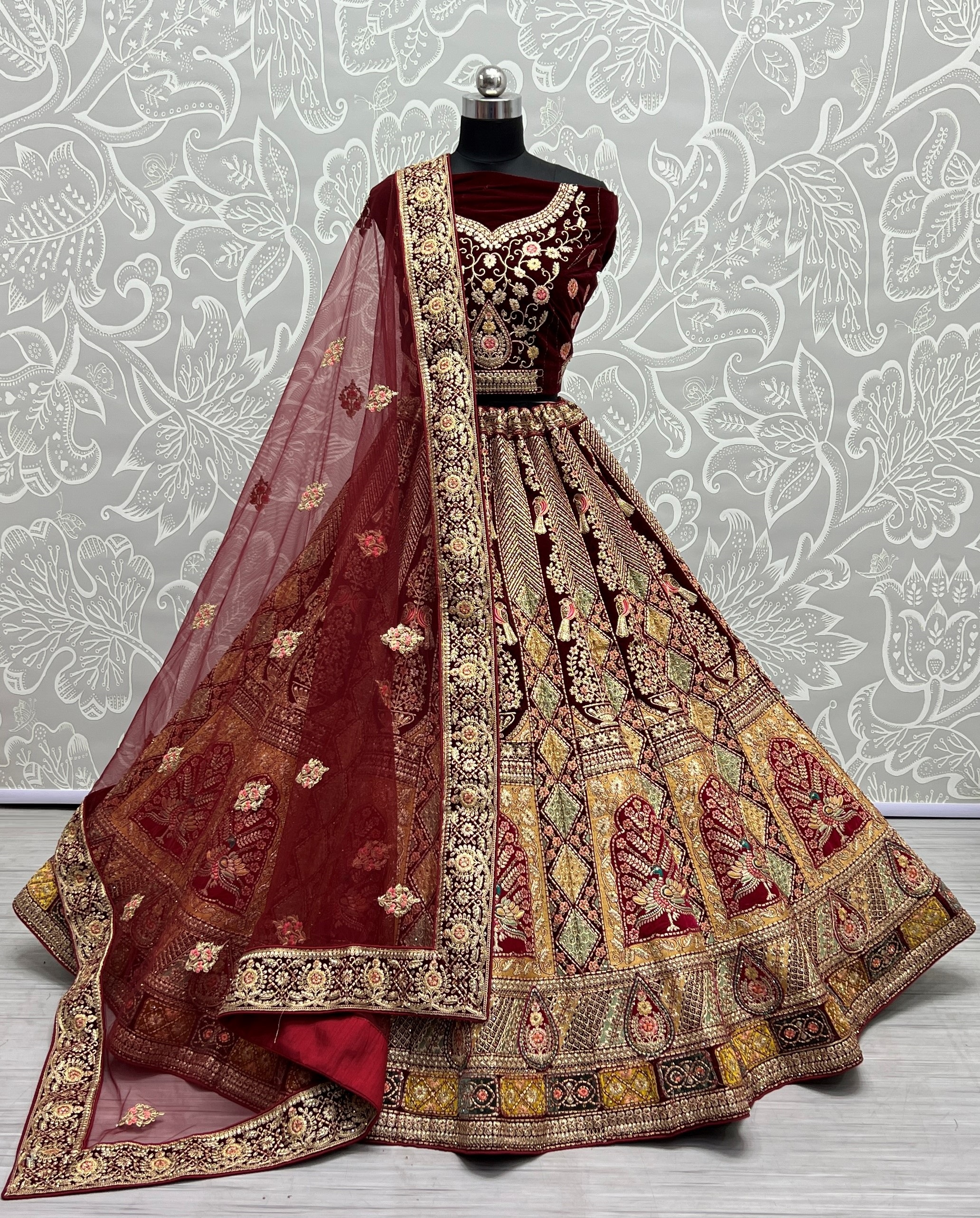 Multi Patterns Work with different patch embroidered Lehenga choli