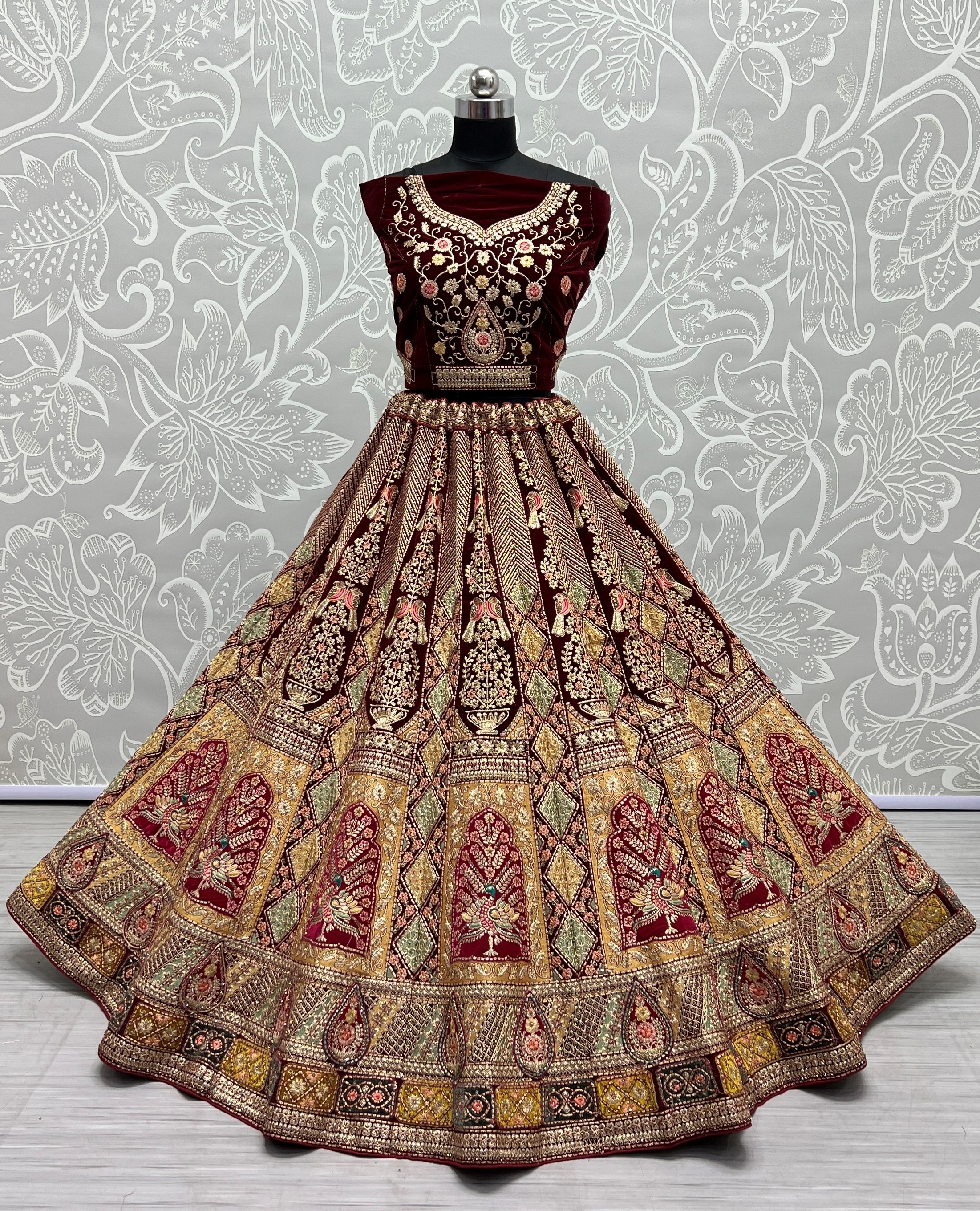 Multi Patterns Work with different patch embroidered Lehenga choli