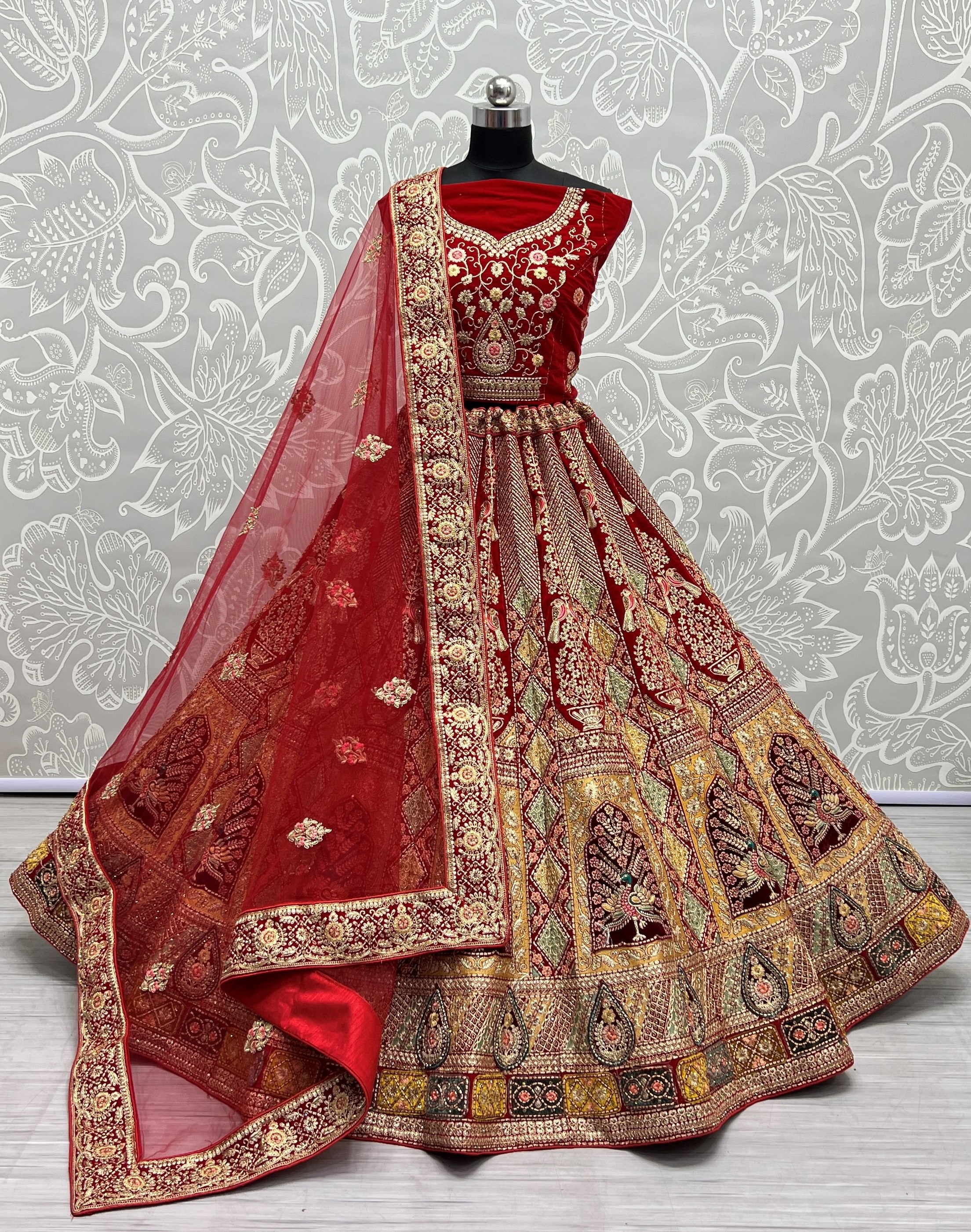 Multi Patterns Work with different patch embroidered Lehenga choli