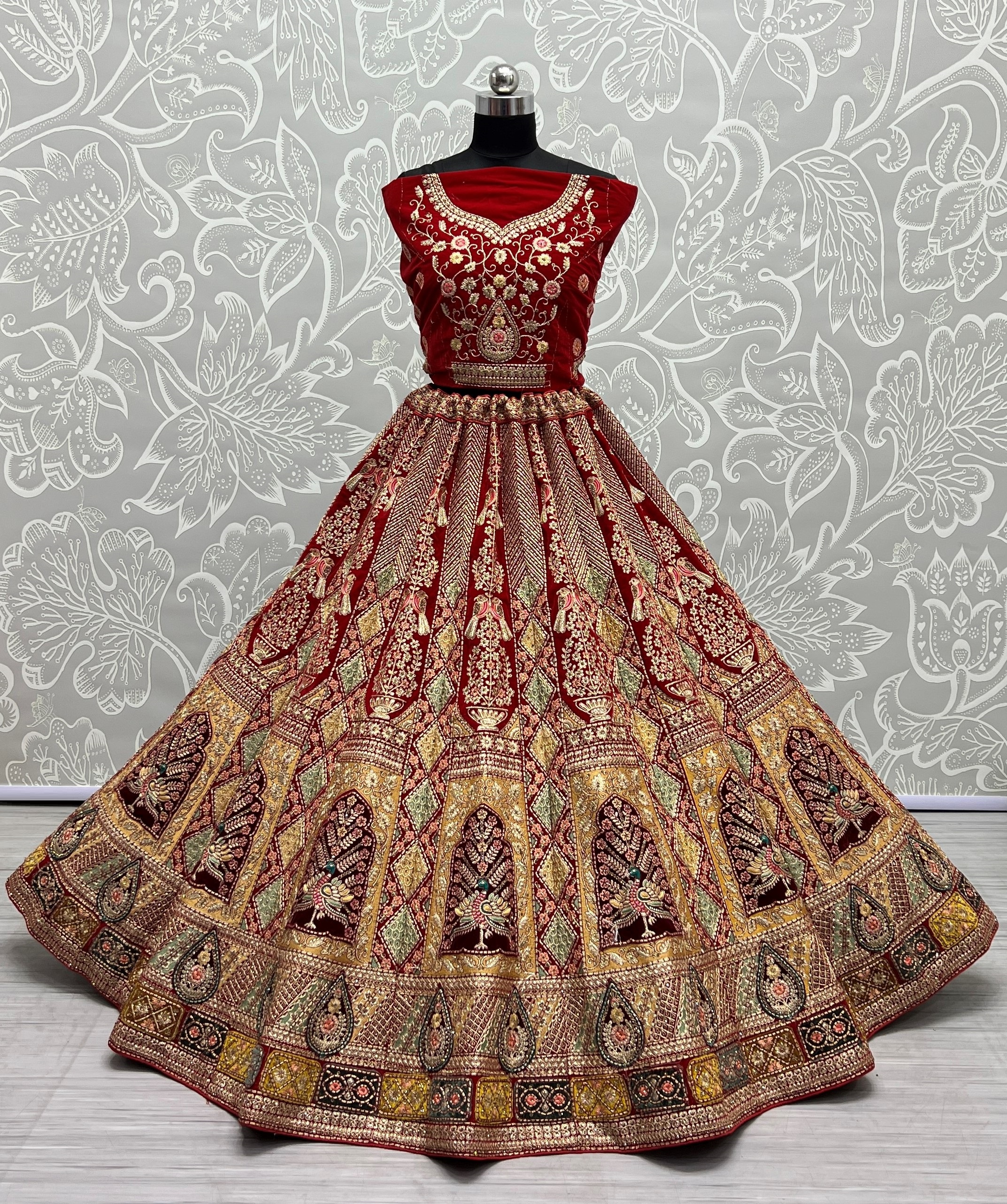 Multi Patterns Work with different patch embroidered Lehenga choli