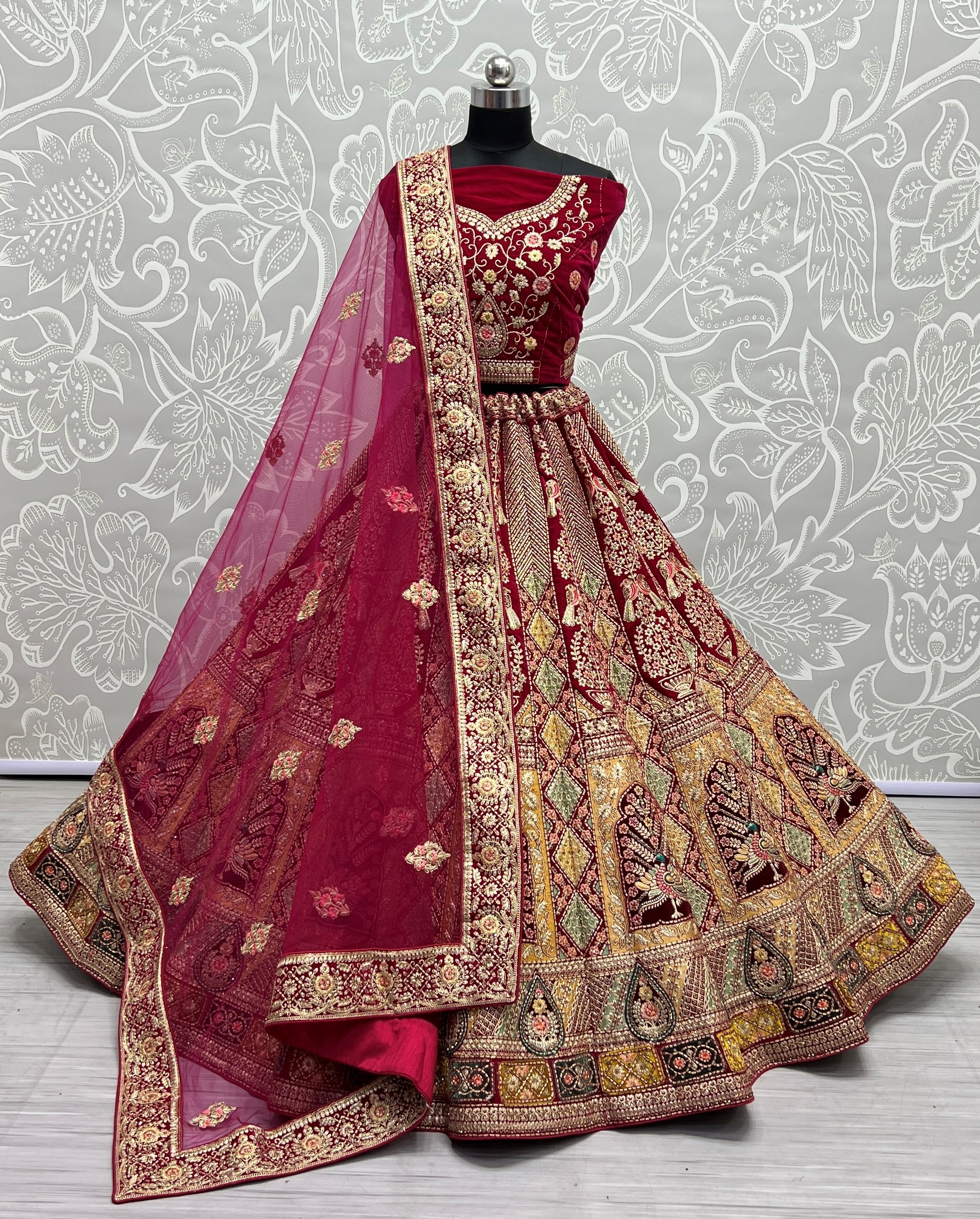 Multi Patterns Work with different patch embroidered Lehenga choli