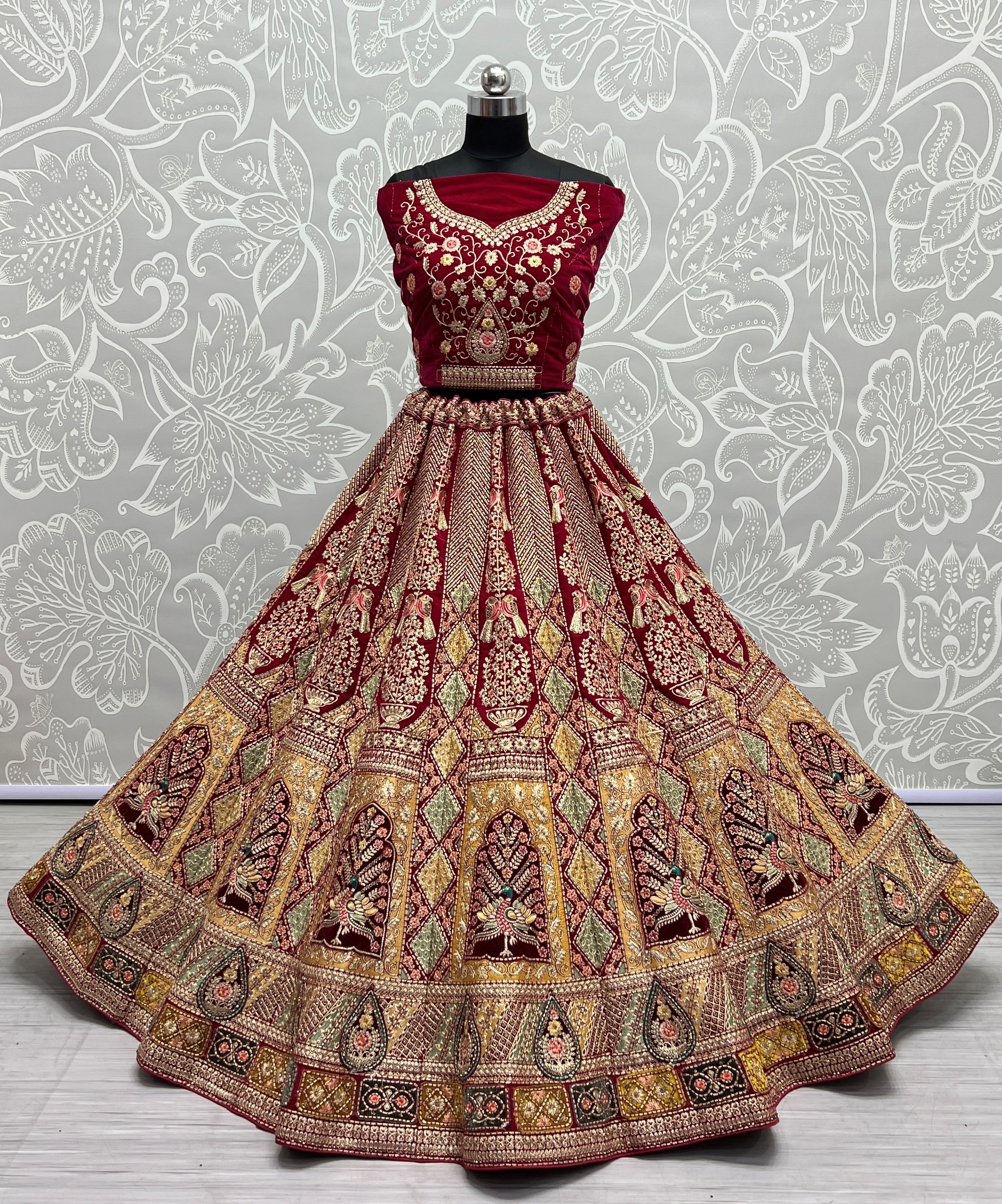 Multi Patterns Work with different patch embroidered Lehenga choli