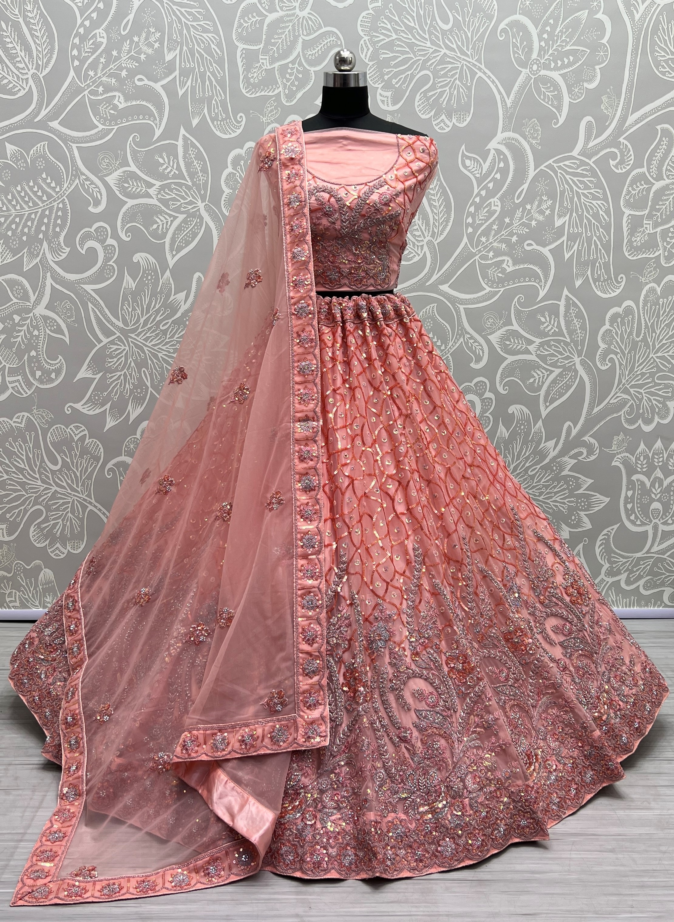 Very Well Detailed Embroidery Partywear Spanish Pink Lehengacholi