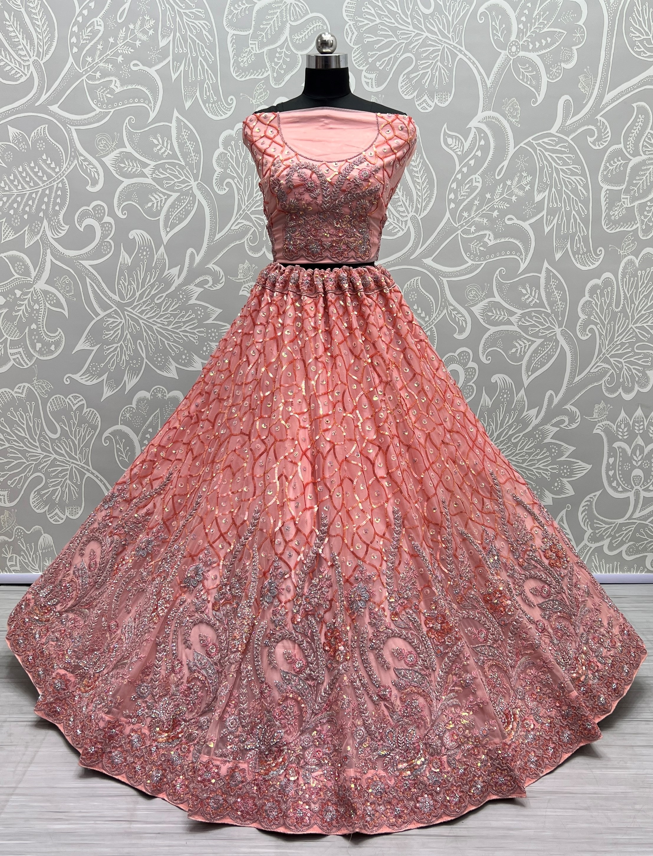 Very Well Detailed Embroidery Partywear Spanish Pink Lehengacholi