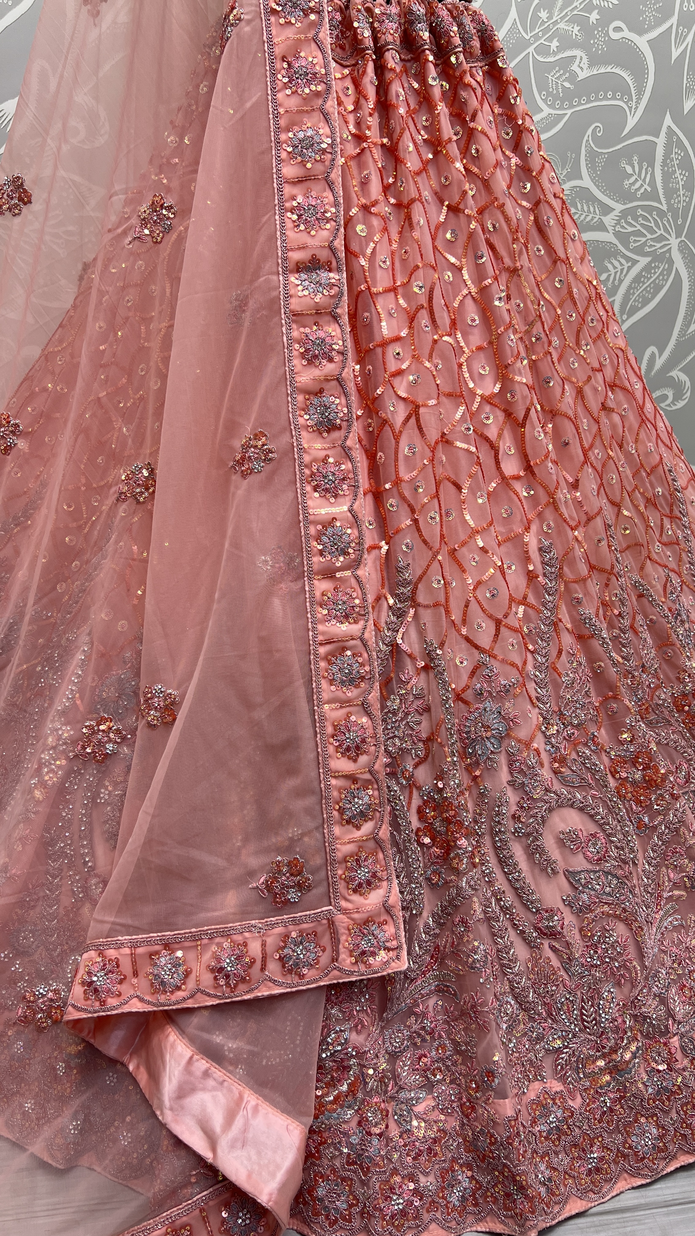 Very Well Detailed Embroidery Partywear Spanish Pink Lehengacholi