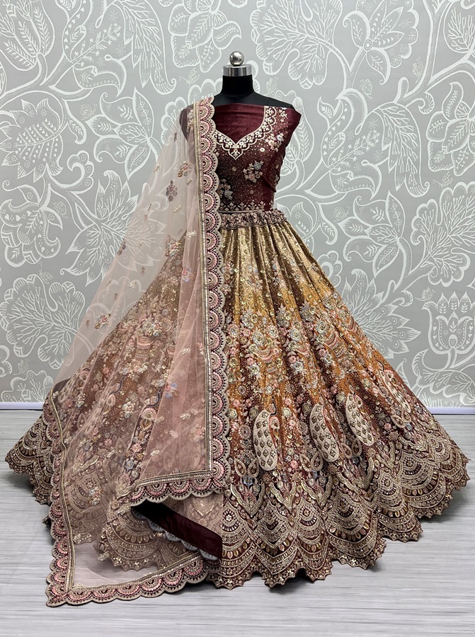 Padded Velvet Crafted Designer Embroidered with sequins Touch up Lehengacholi 