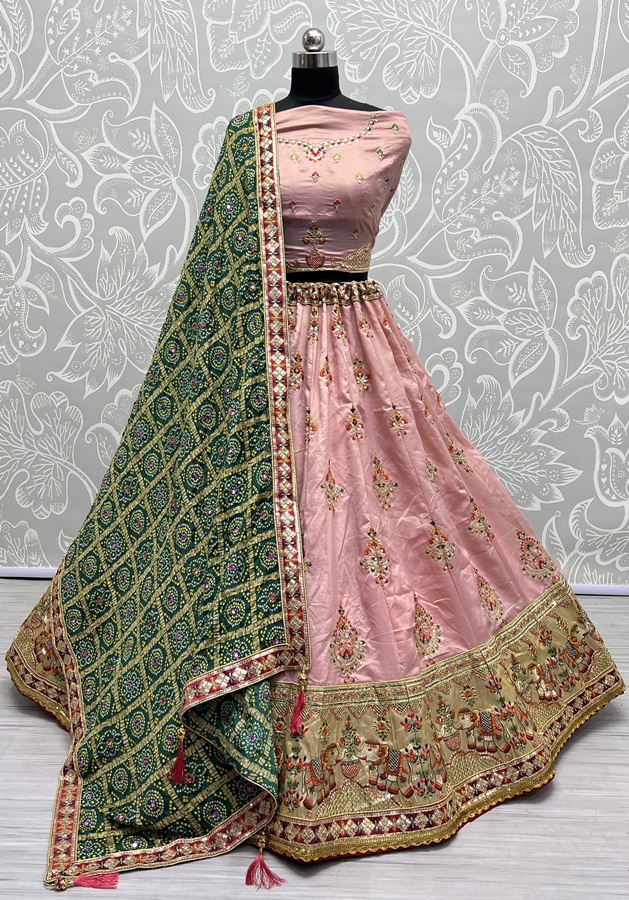 Hand Mirror Crafted Bandhani Print Pure Gadhwal silk Lehengacholi