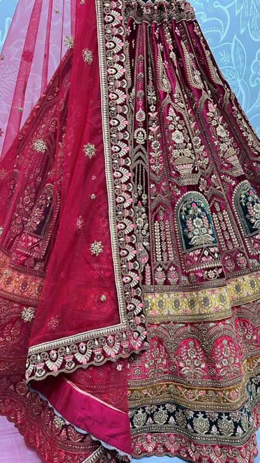 Velvet Embroidered Patch work with  metalic Zari work Velvet lehenga choli 