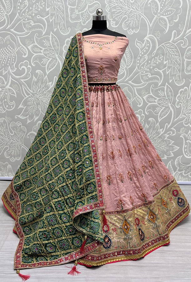 Gadhwal silk Crafted Bandhani print Dupatta Lehengacholi