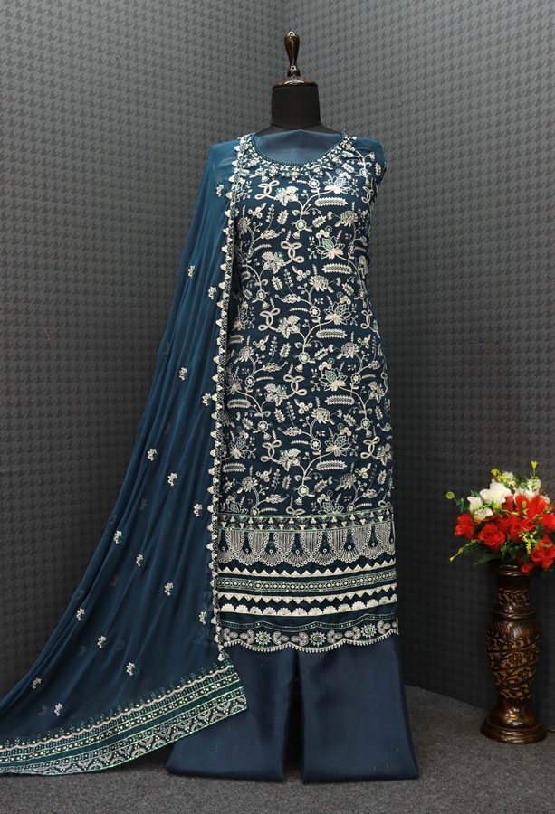 Faux Georgette Mehendi Sangeet Salwar Kameez in Blue with Sequence work