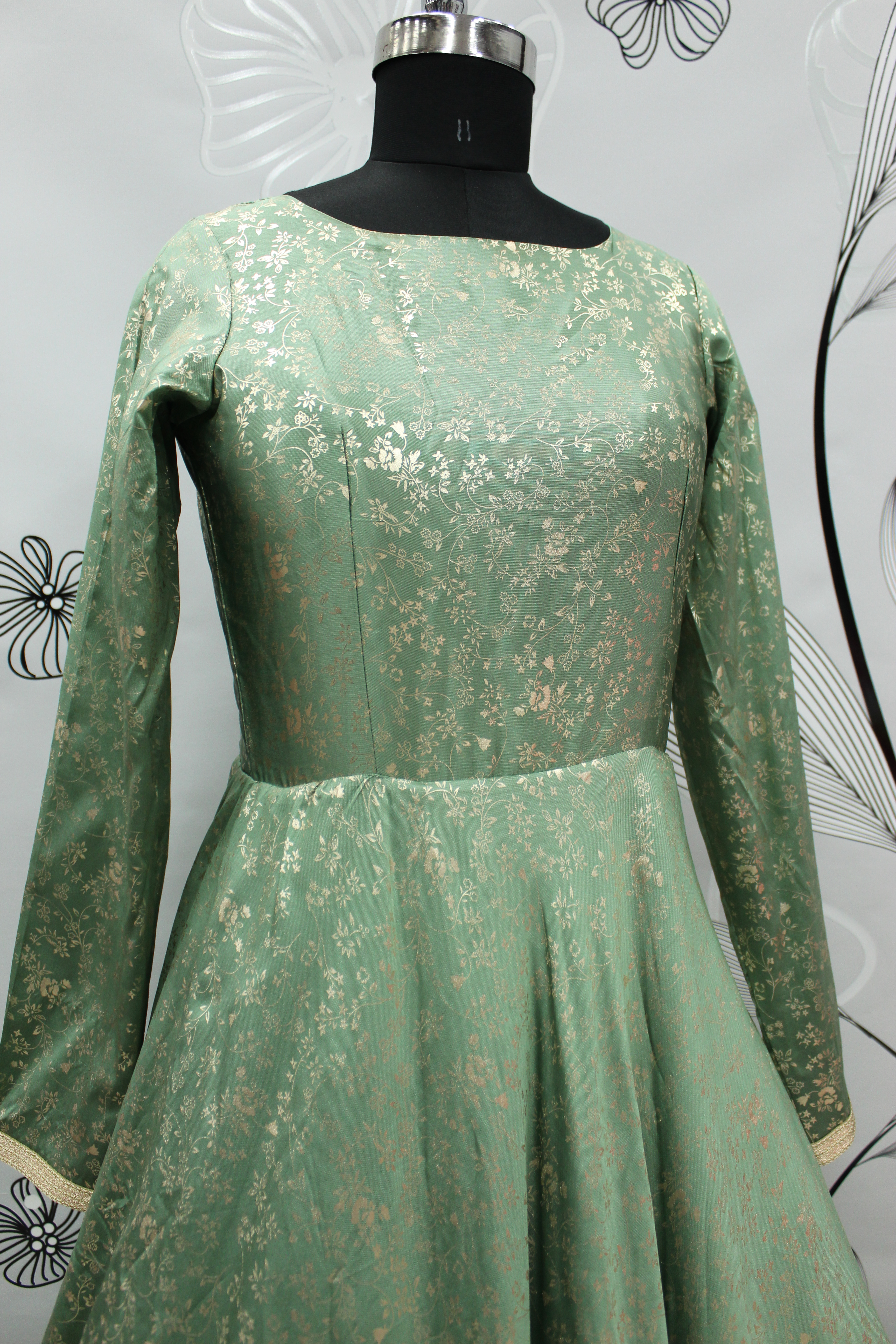 Pista Green Taffeta With Designer Foil Printed Gown