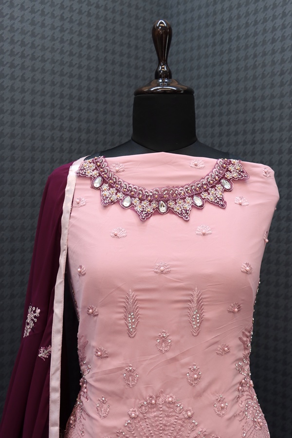 Georgette Fabric Embroidered Work Pink Sleeveless Kurta Sharara Set with Dupatta