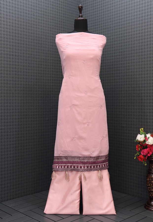 Georgette Fabric Embroidered Work Pink Sleeveless Kurta Sharara Set with Dupatta