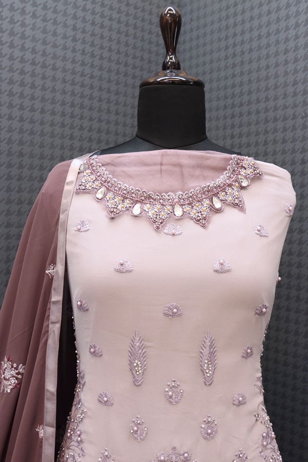 Georgette Fabric Embroidered Work Pink Sleeveless Kurta Sharara Set with Dupatta