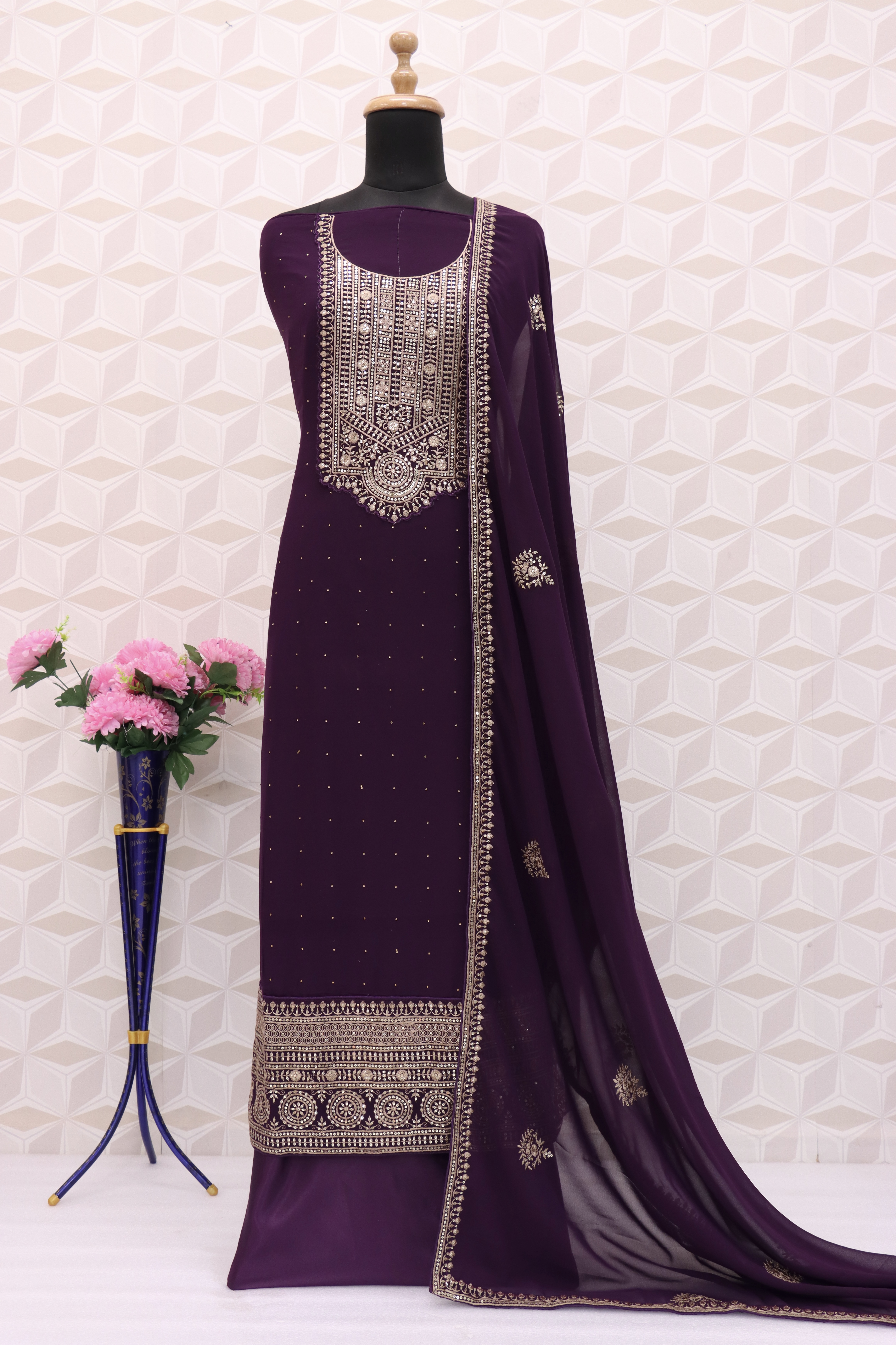 Wine Georgette Resham Pakistani Salwar Suit