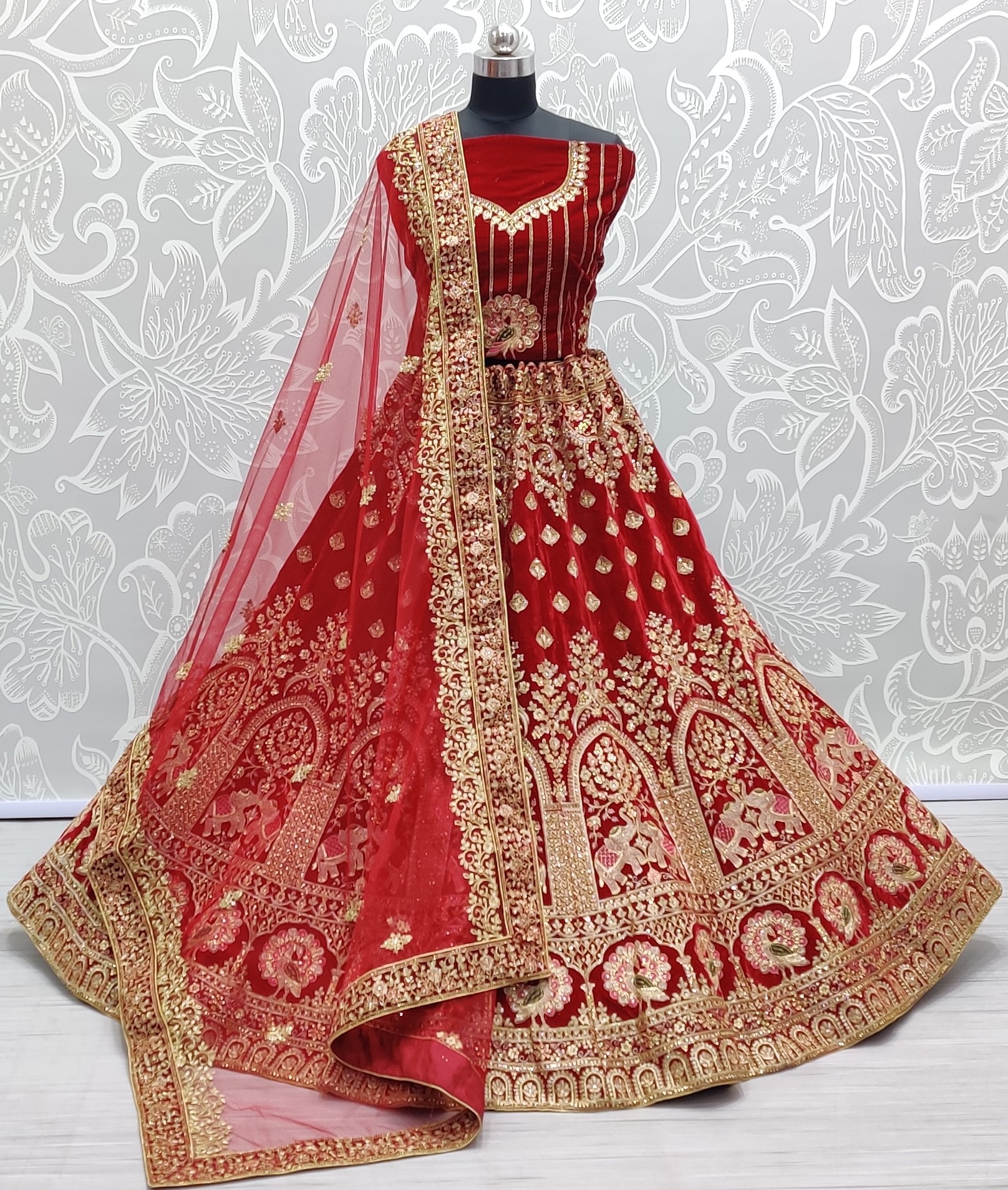 Velvet Embroidery Lehenga Choli In Red Colour