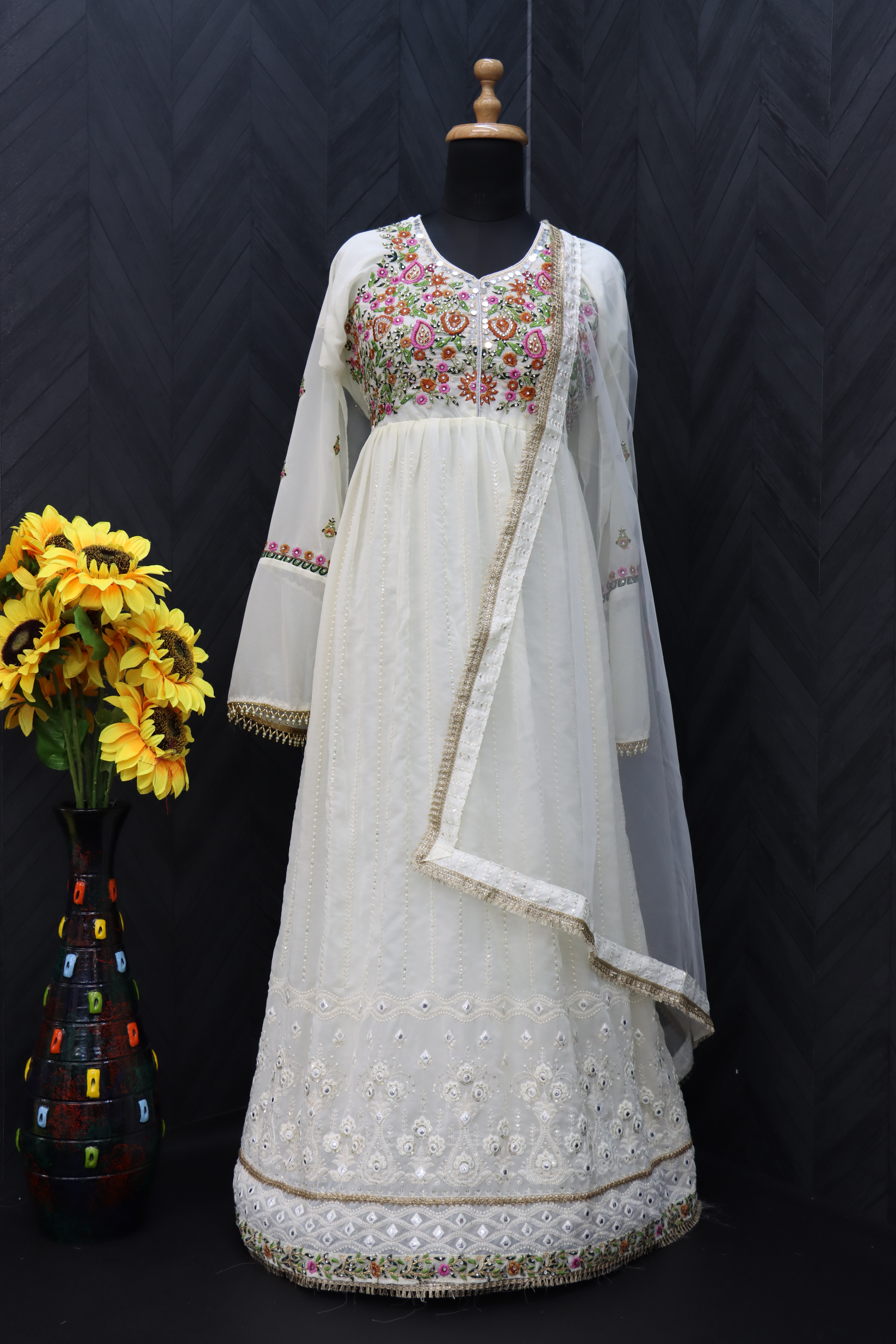 Georgette Fabric Function Wear Embroidered white Color Anarkali Suit