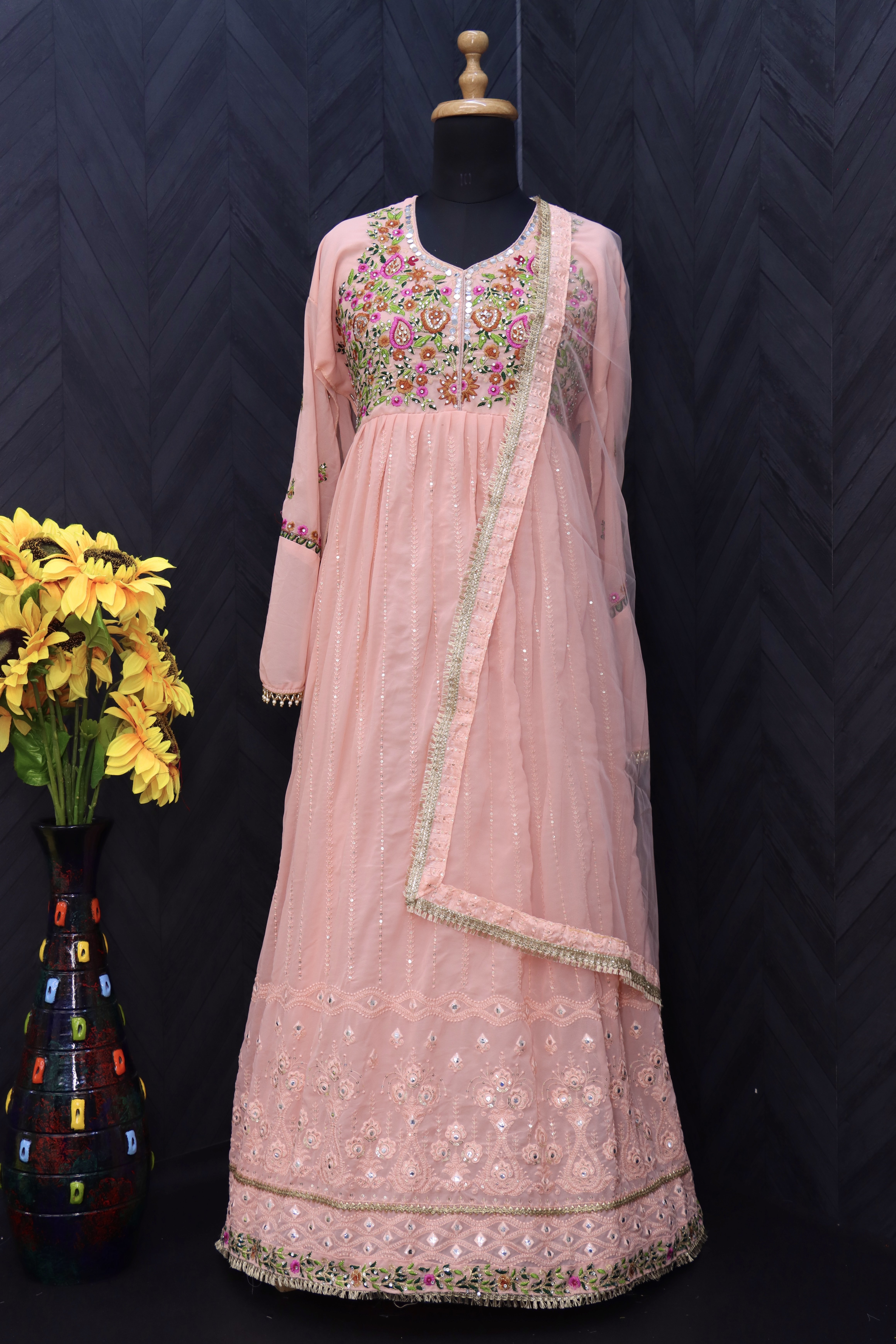 Georgette Fabric Function Wear Embroidered peach Color Anarkali Suit