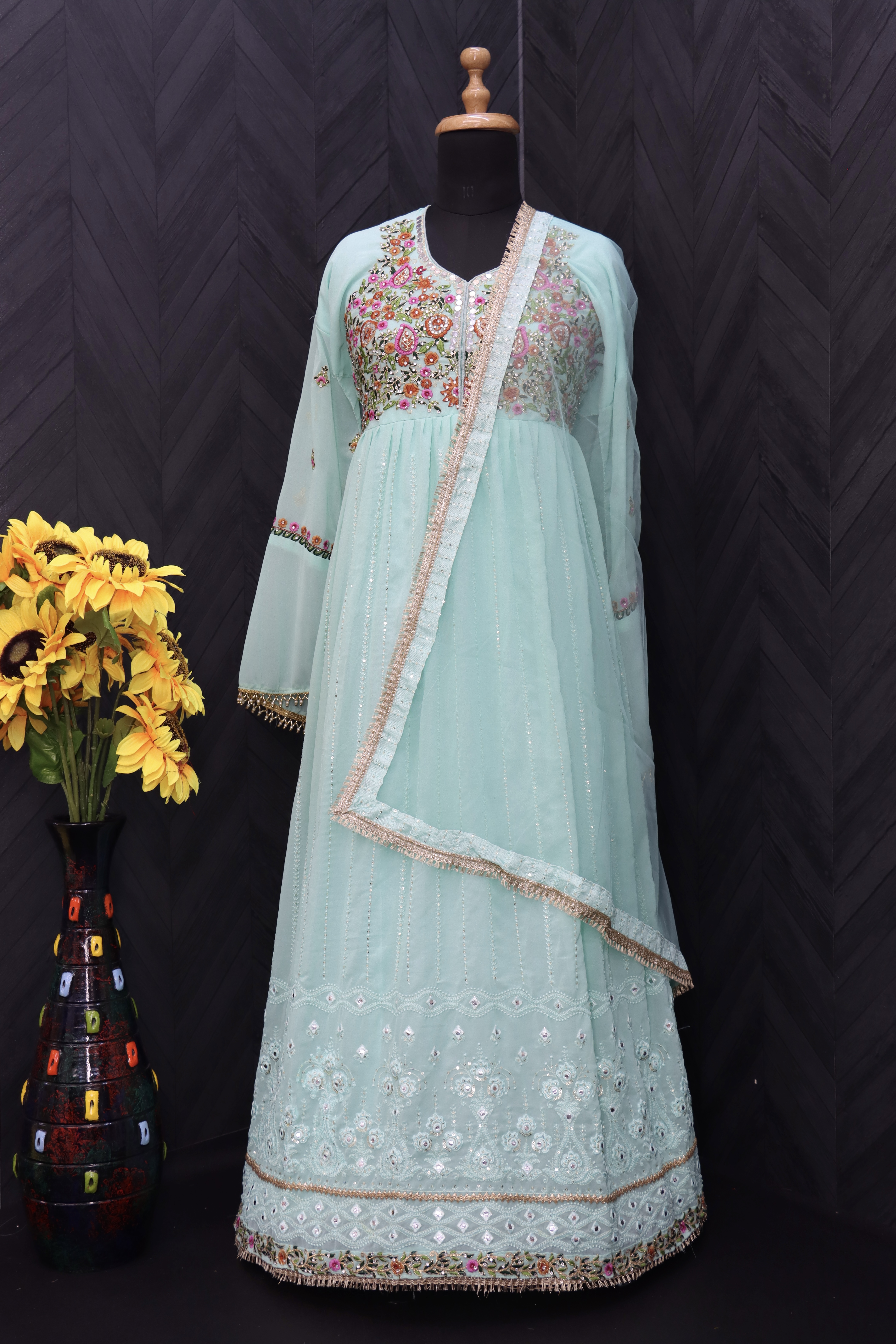 Georgette Fabric Function Wear Embroidered sky blue Color Anarkali Suit