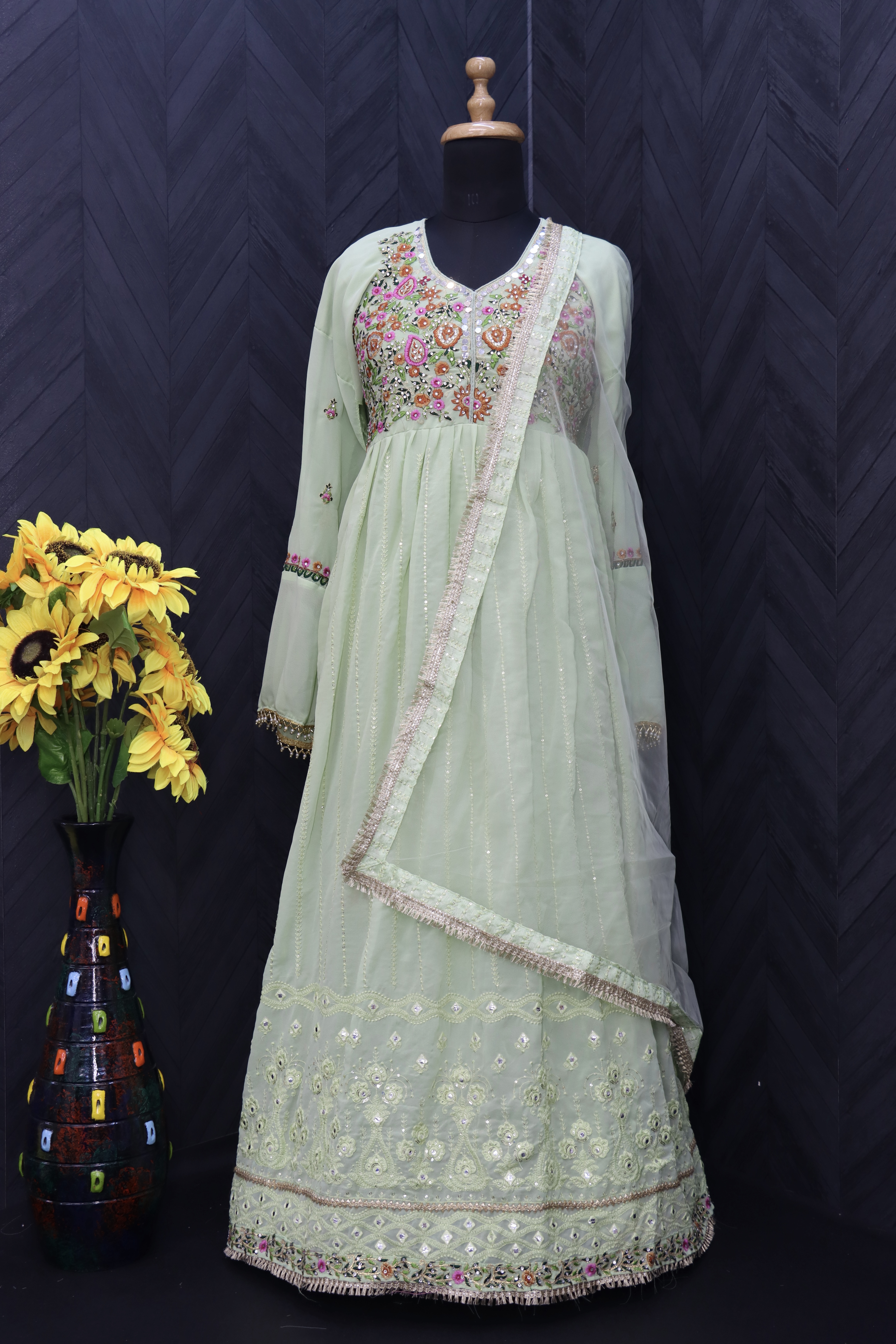 Georgette Fabric Function Wear Embroidered pista Color Anarkali Suit