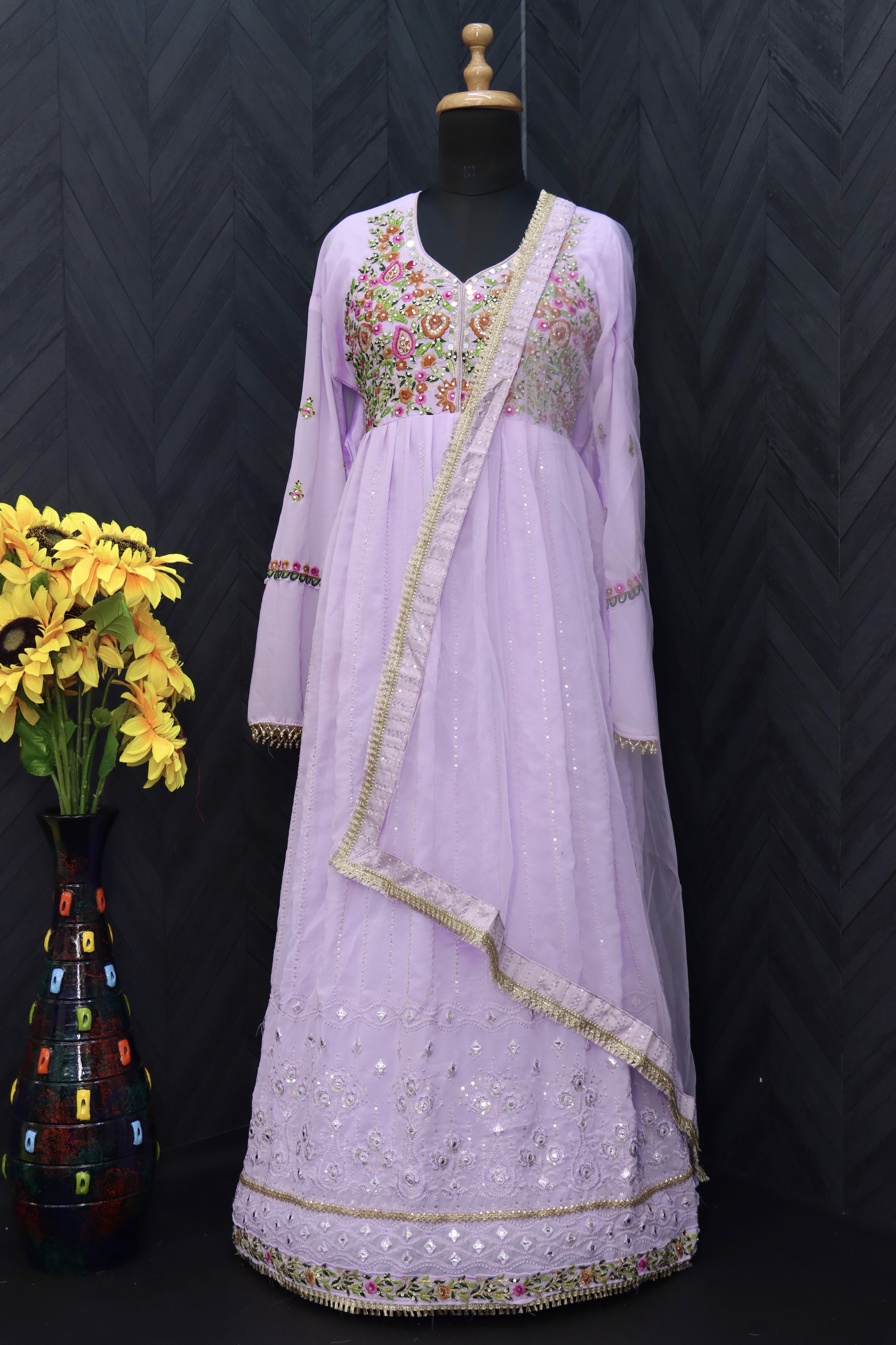 Georgette Fabric Function Wear Embroidered lilac Color Anarkali Suit