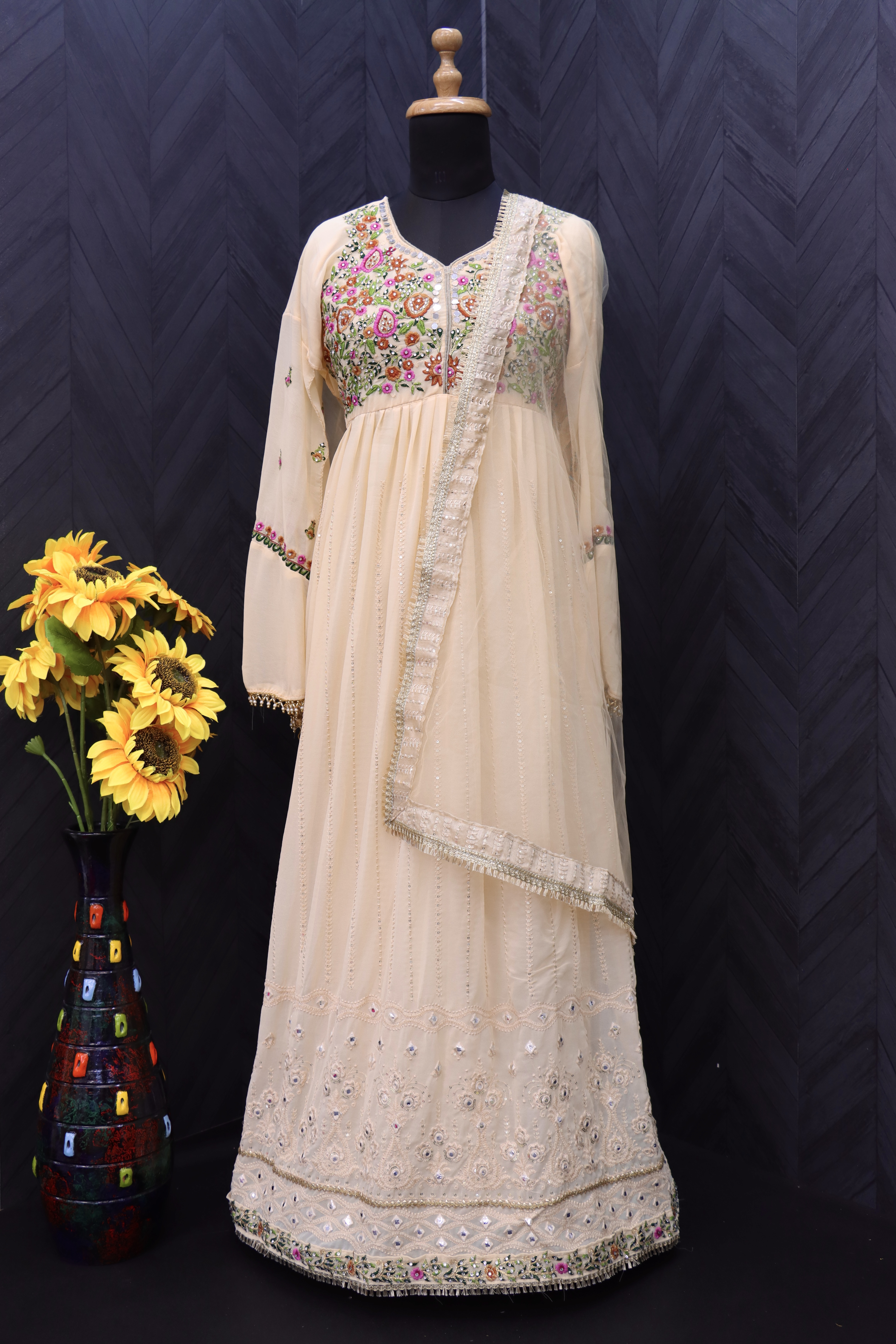 Georgette Fabric Function Wear Embroidered cream Color Anarkali Suit