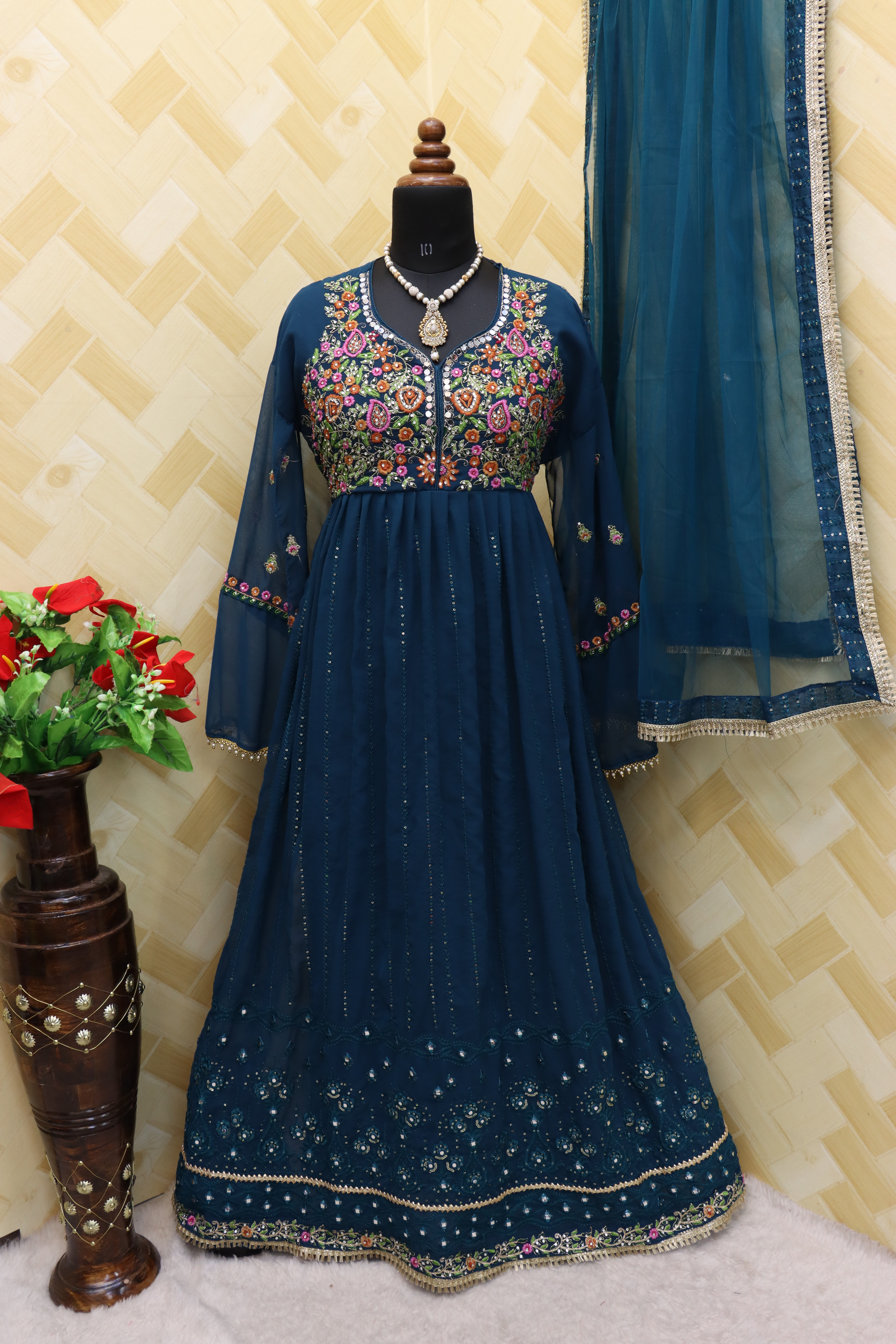 Georgette Fabric Function Wear Embroidered turquoise Color Anarkali Suit