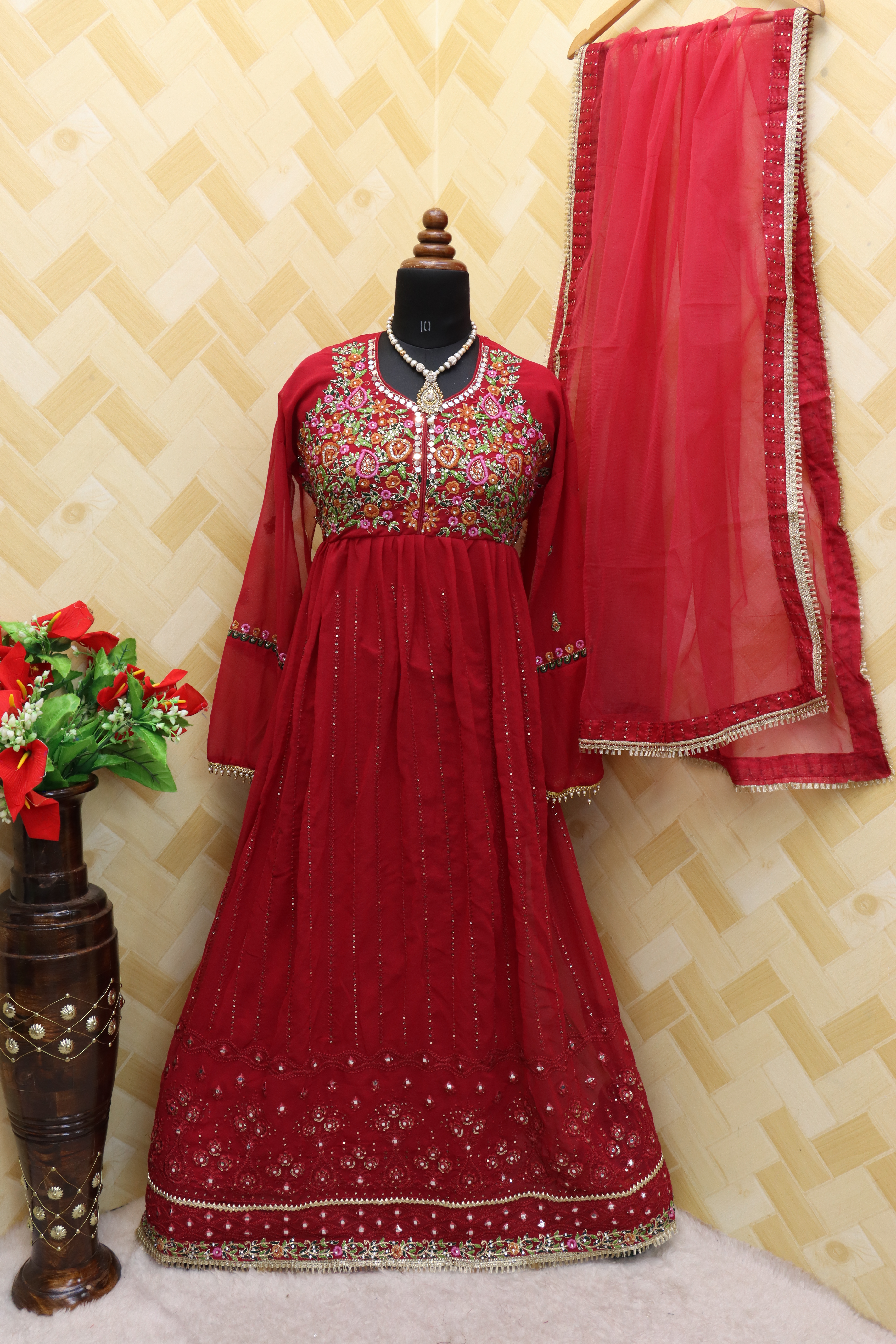 Georgette Fabric Function Wear Embroidered red Color Anarkali Suit